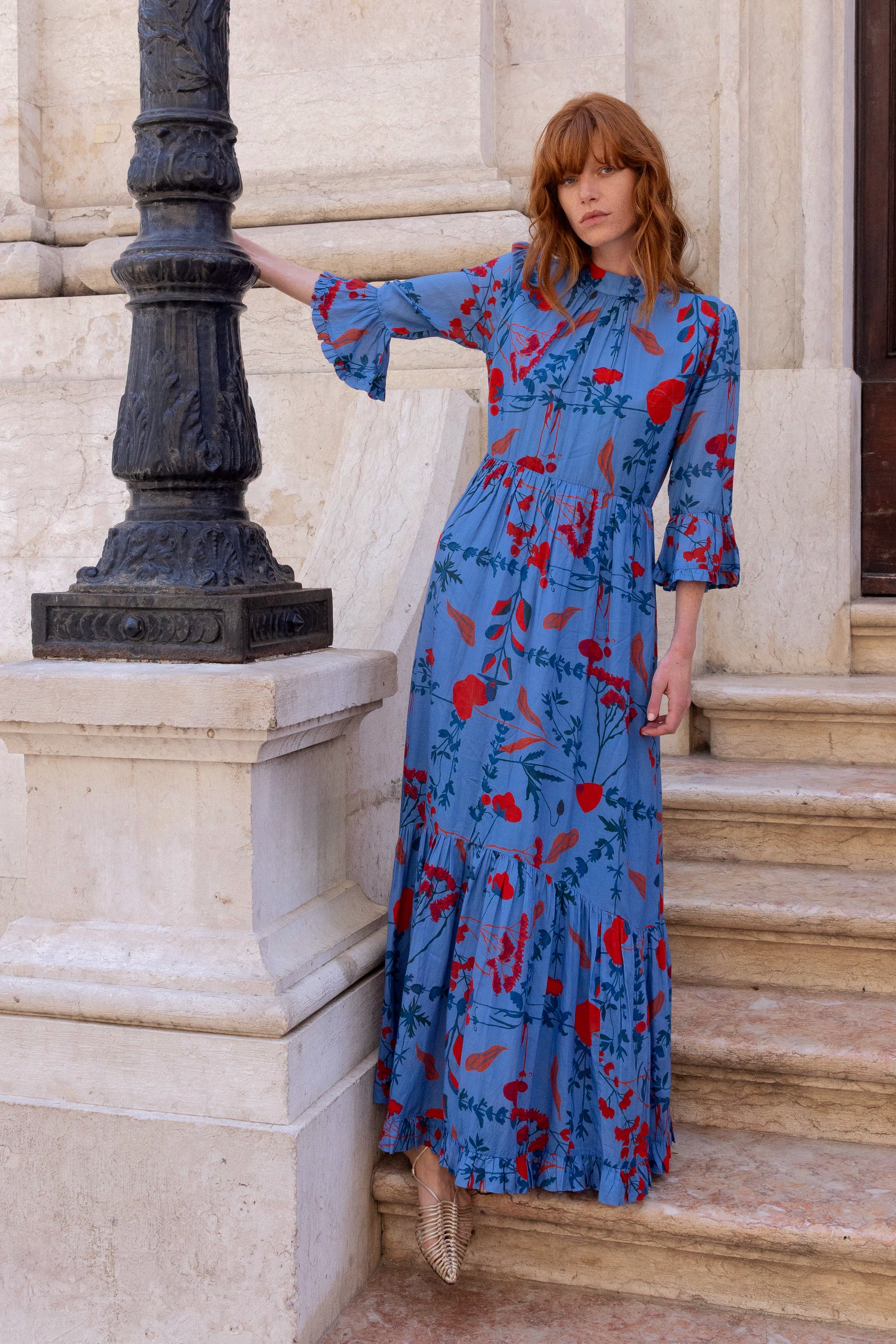 High Neck Bell Maxi- Bartram Blue