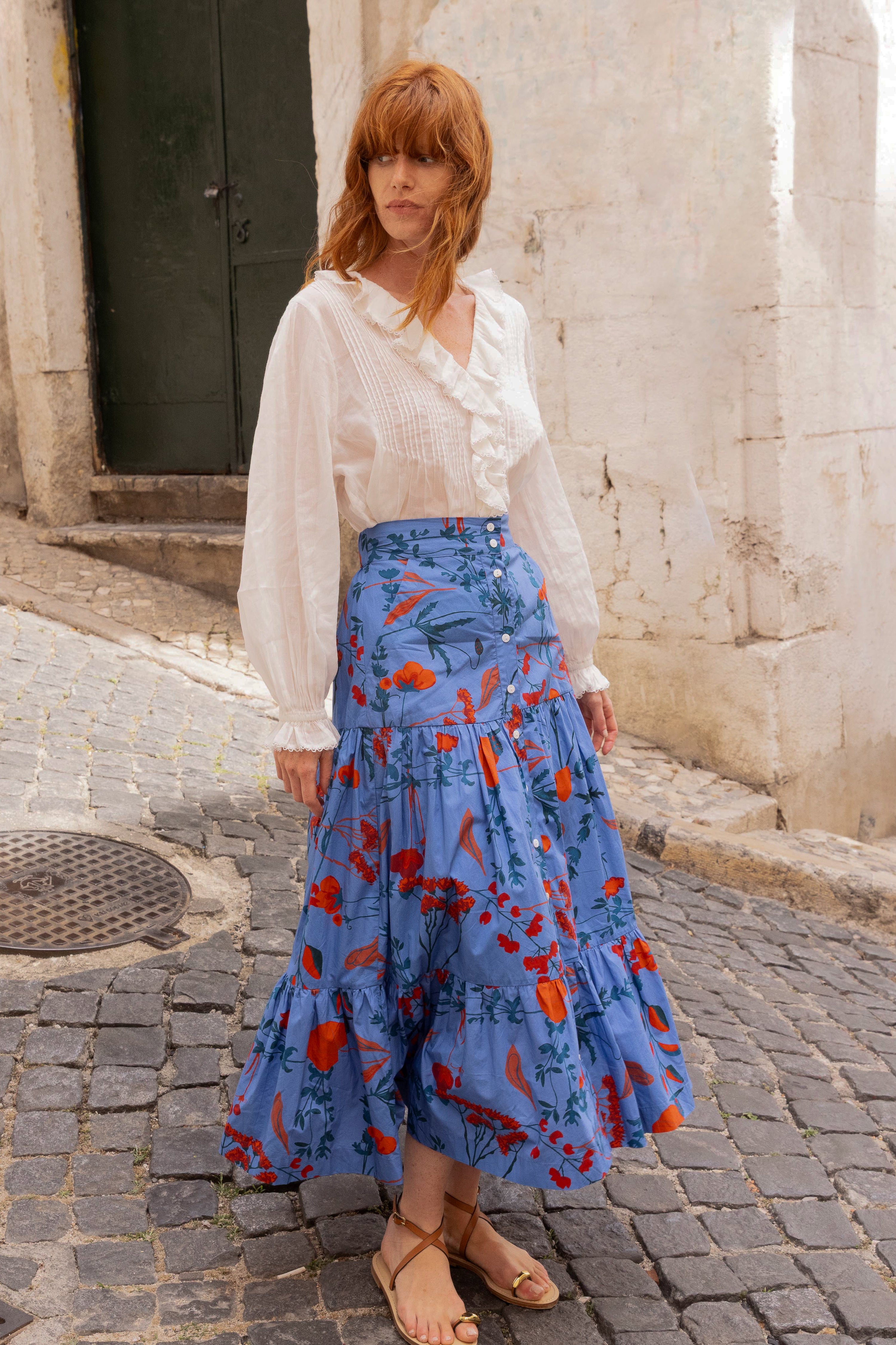 Button Front Skirt- Bartram Blue