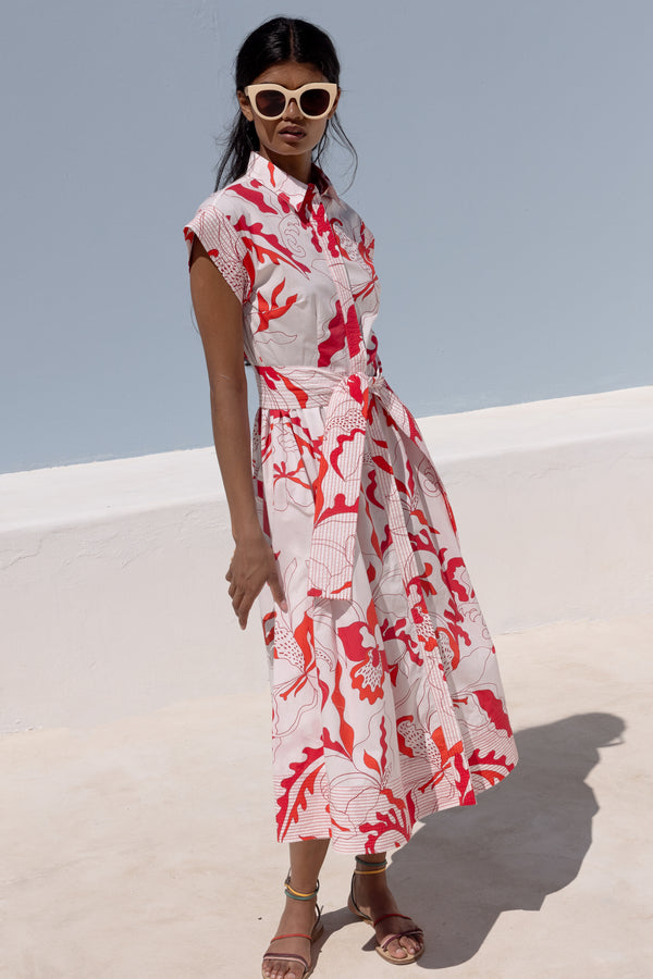 Belted Shirt Dress- Orchid Red