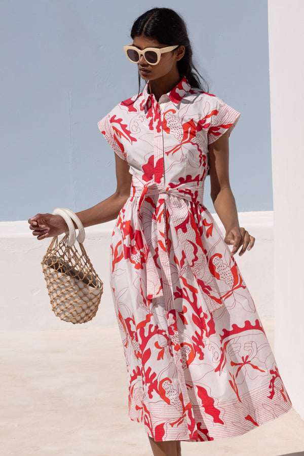Belted Shirt Dress- Orchid Red