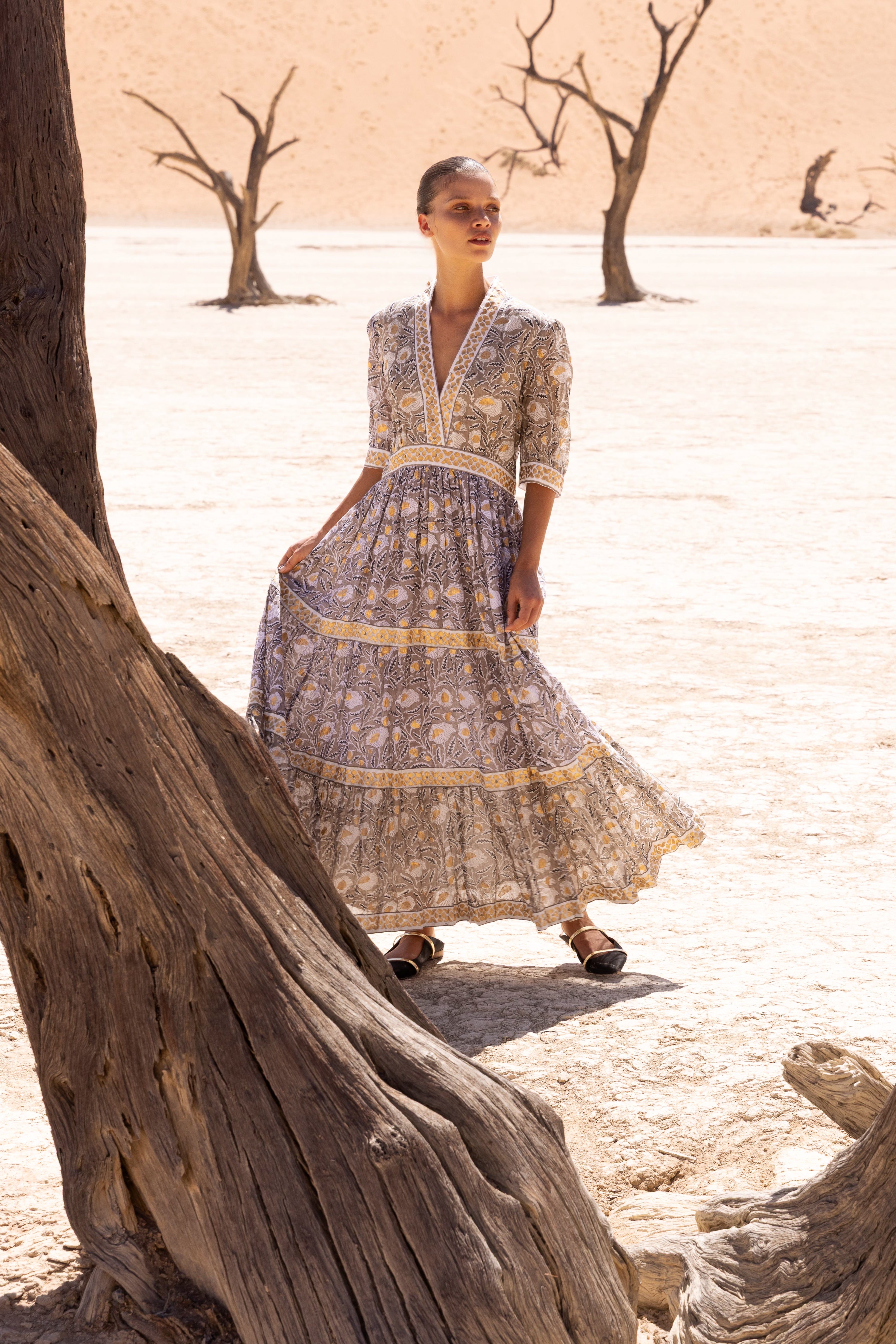 V-Neck Cuffed Maxi- Birch Taupe