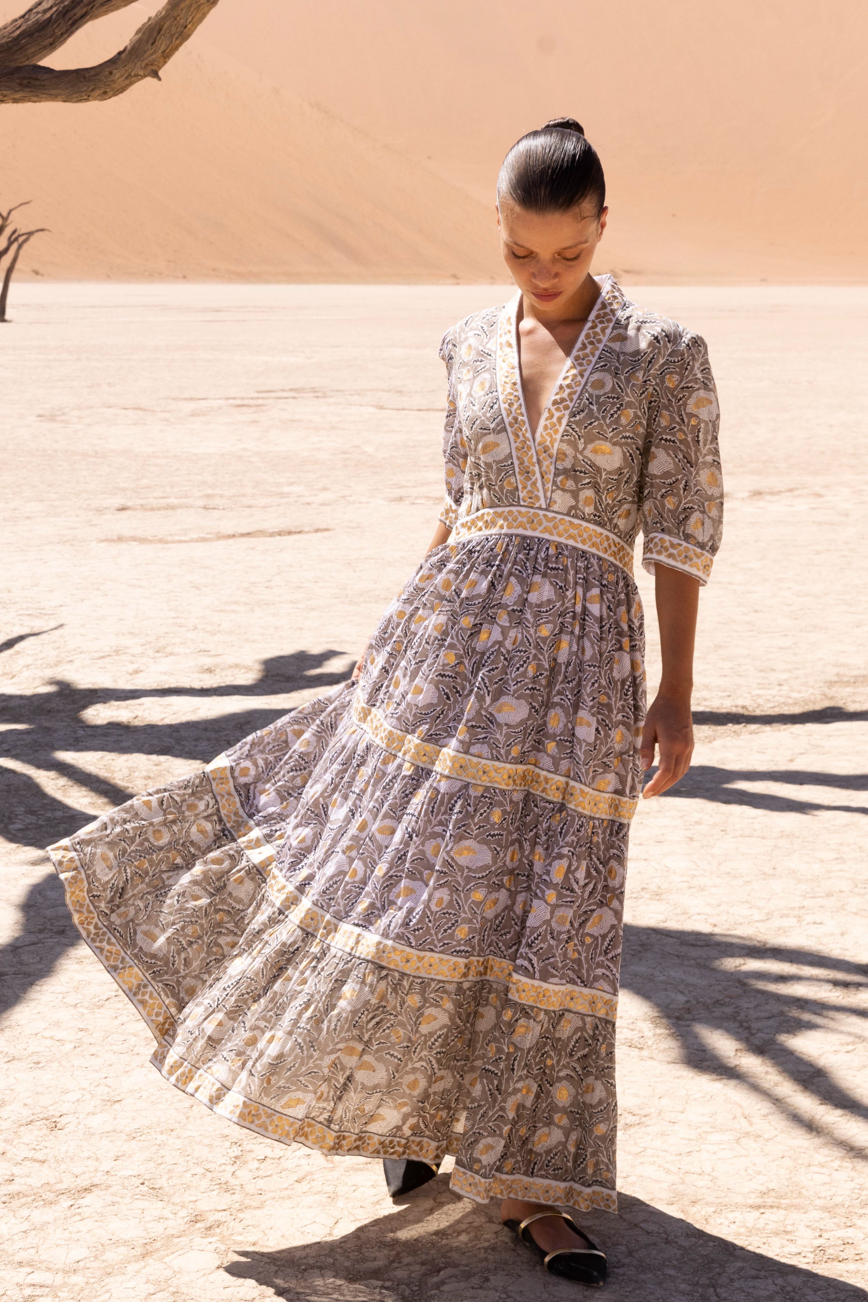 V-Neck Cuffed Maxi- Birch Taupe