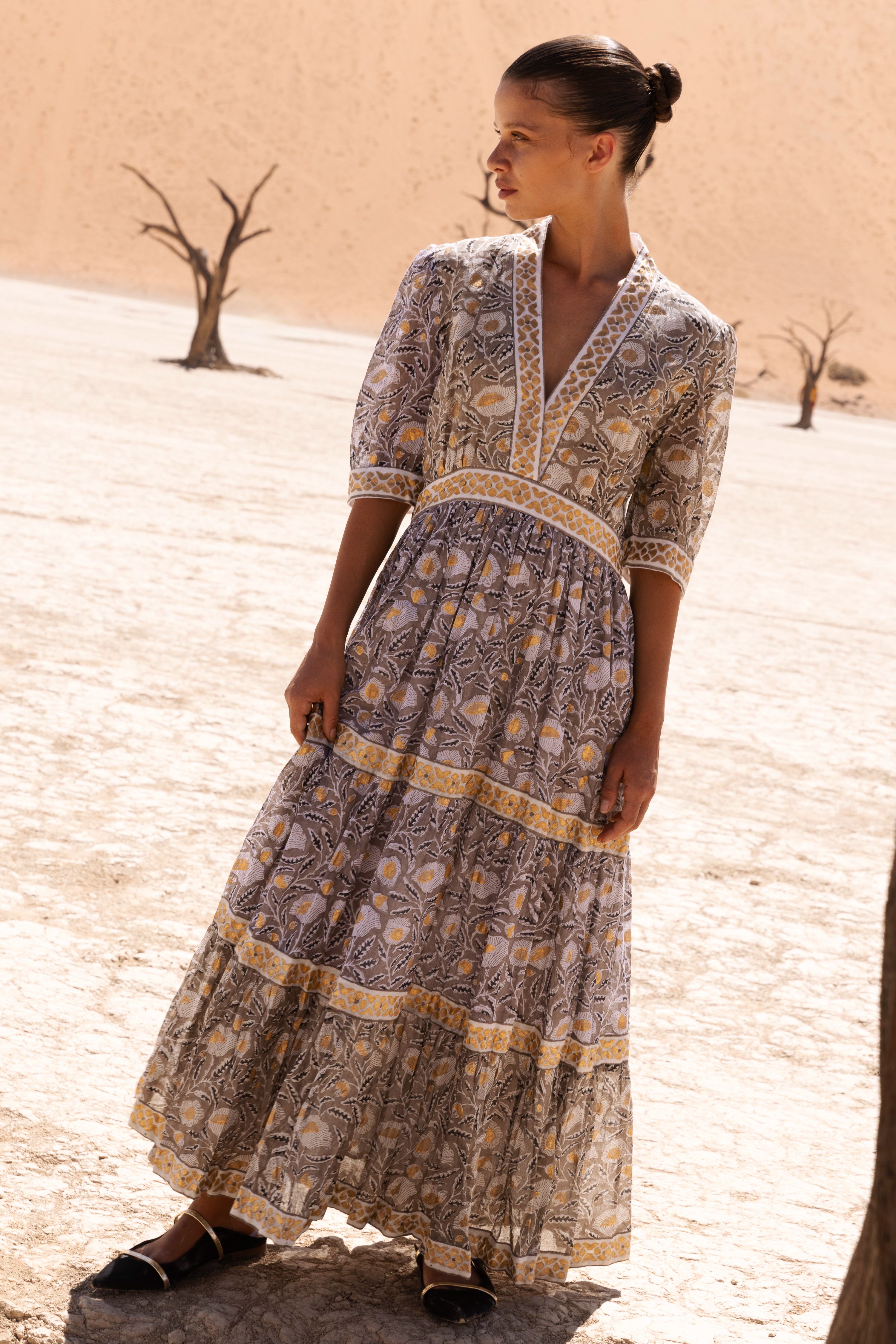 V-Neck Cuffed Maxi- Birch Taupe