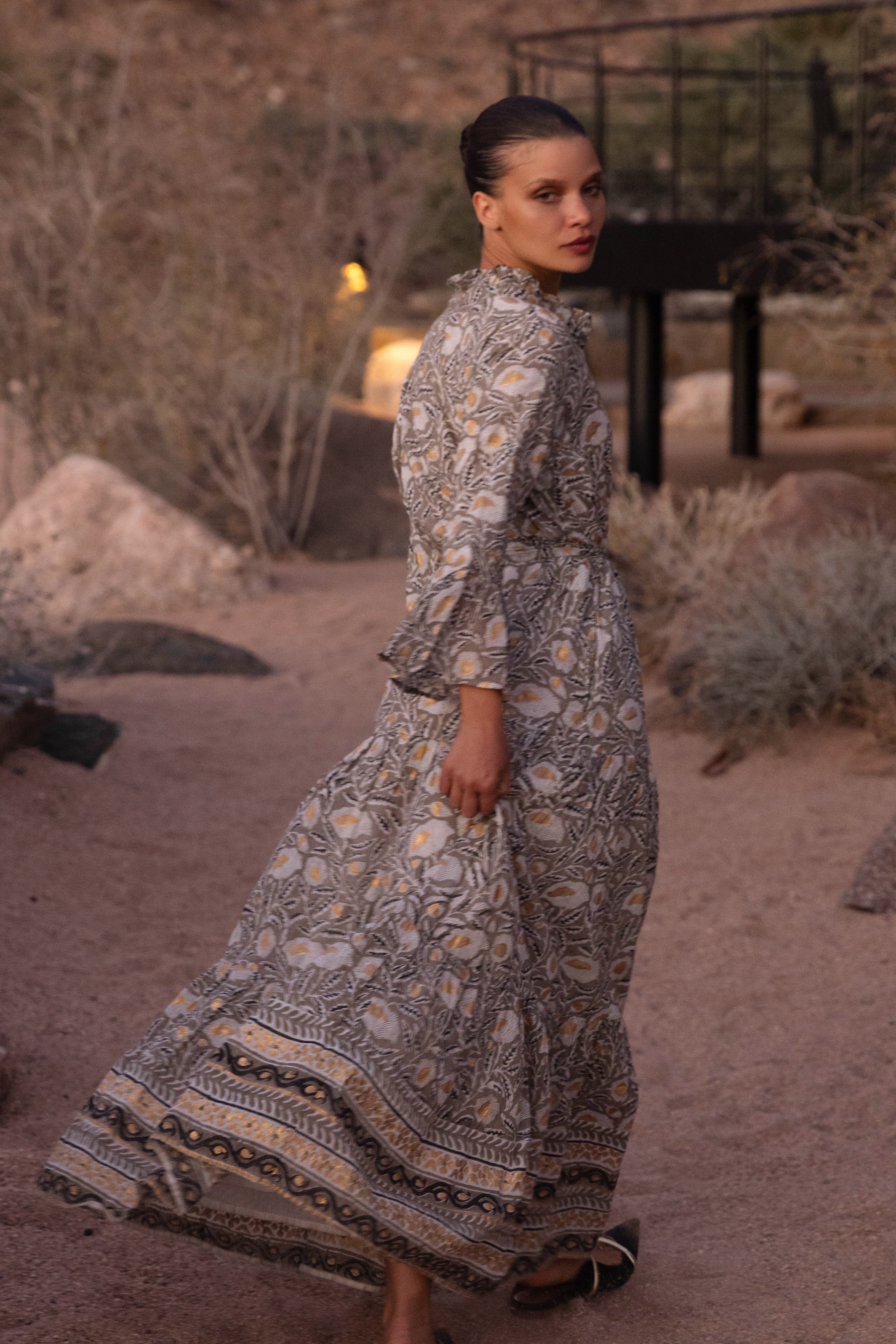 Ruffle Collar Bell Maxi- Birch Taupe