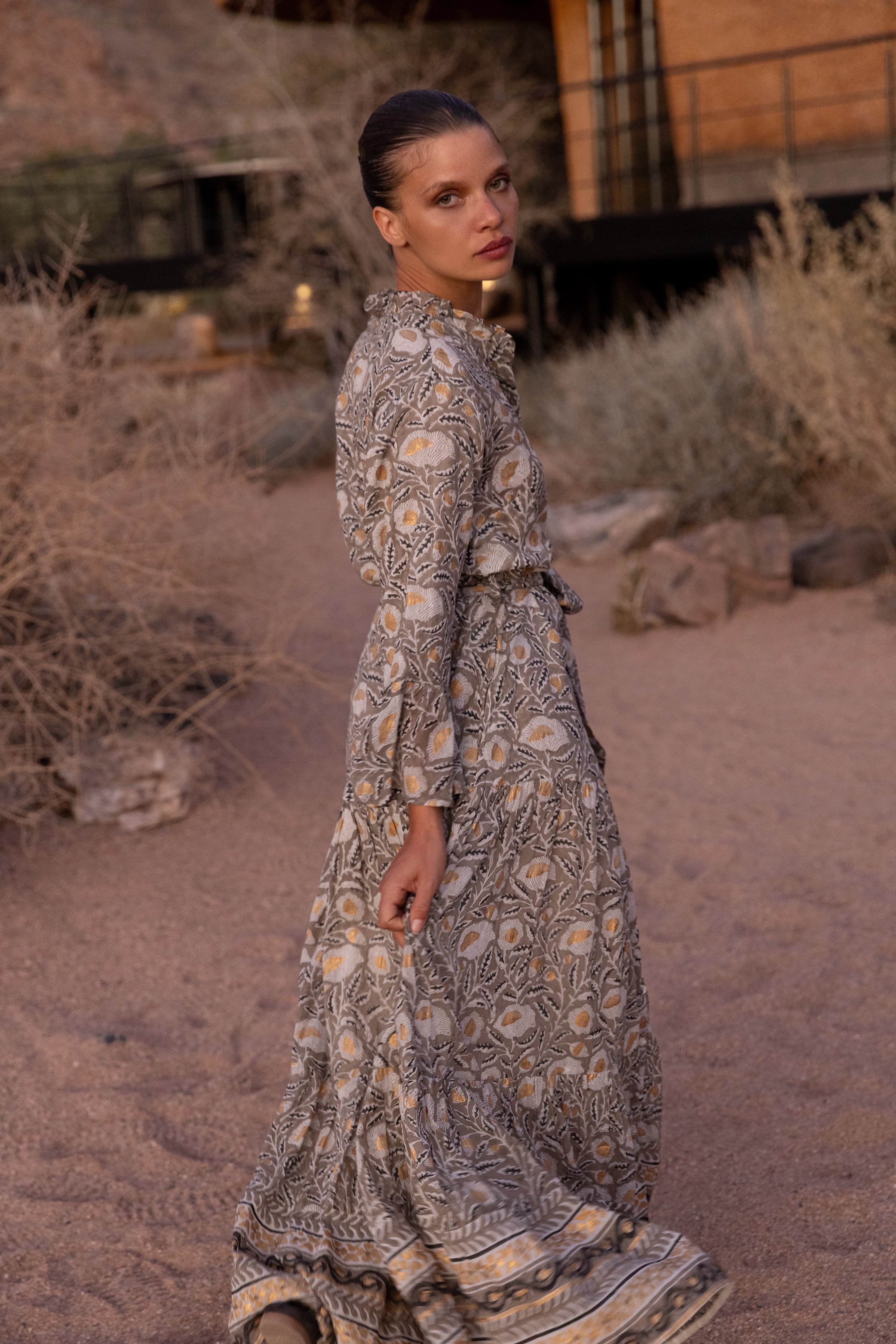 Ruffle Collar Bell Maxi- Birch Taupe