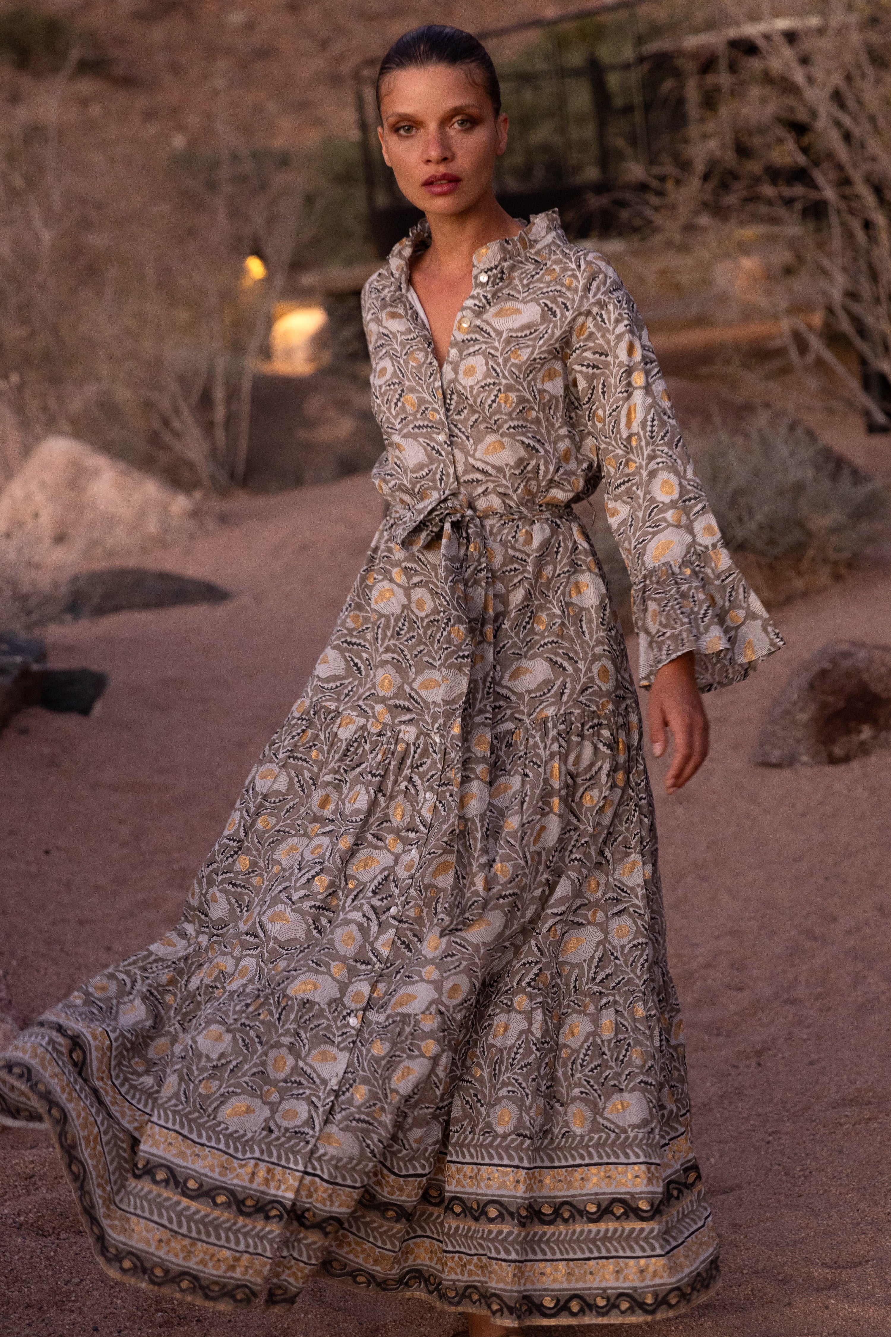 Ruffle Collar Bell Maxi- Birch Taupe