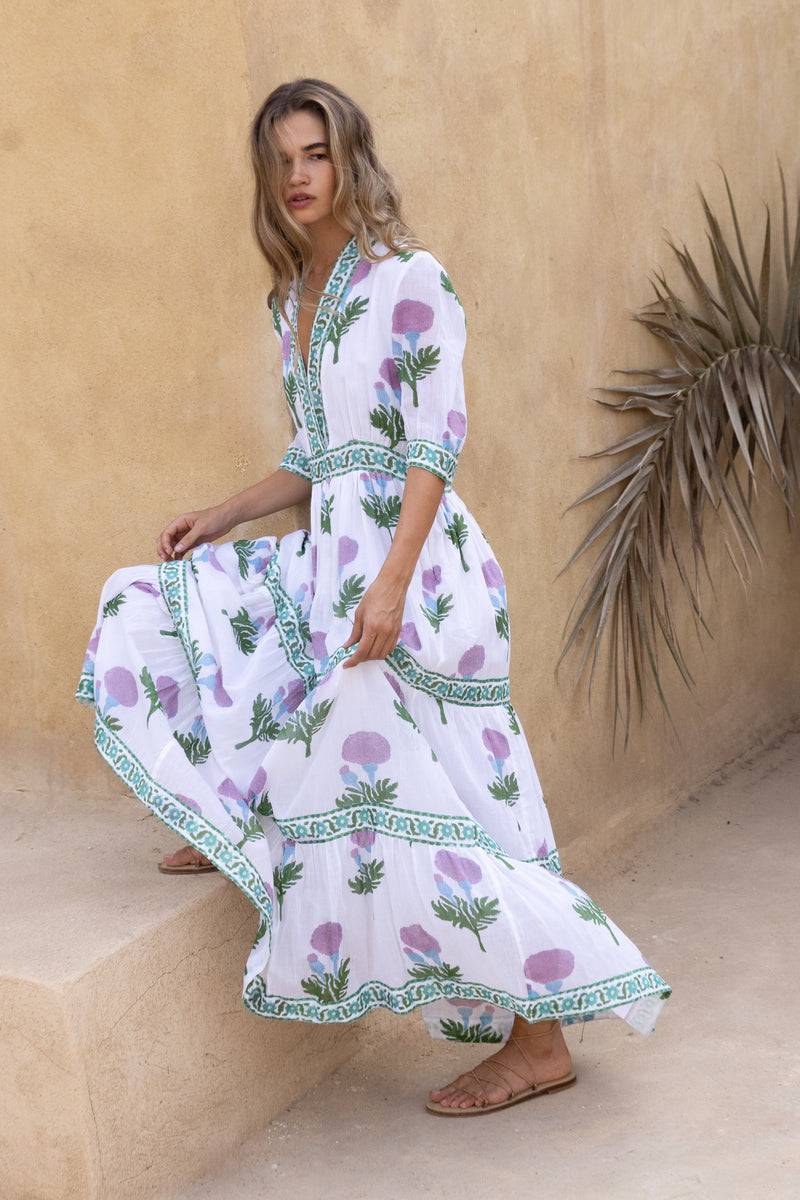 V-Neck Cuffed Maxi- Bloom Lilac