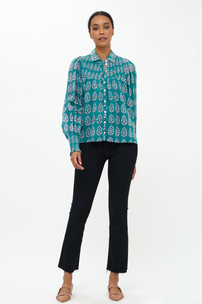 Smocked Button Down Blouse- Bodrum Green