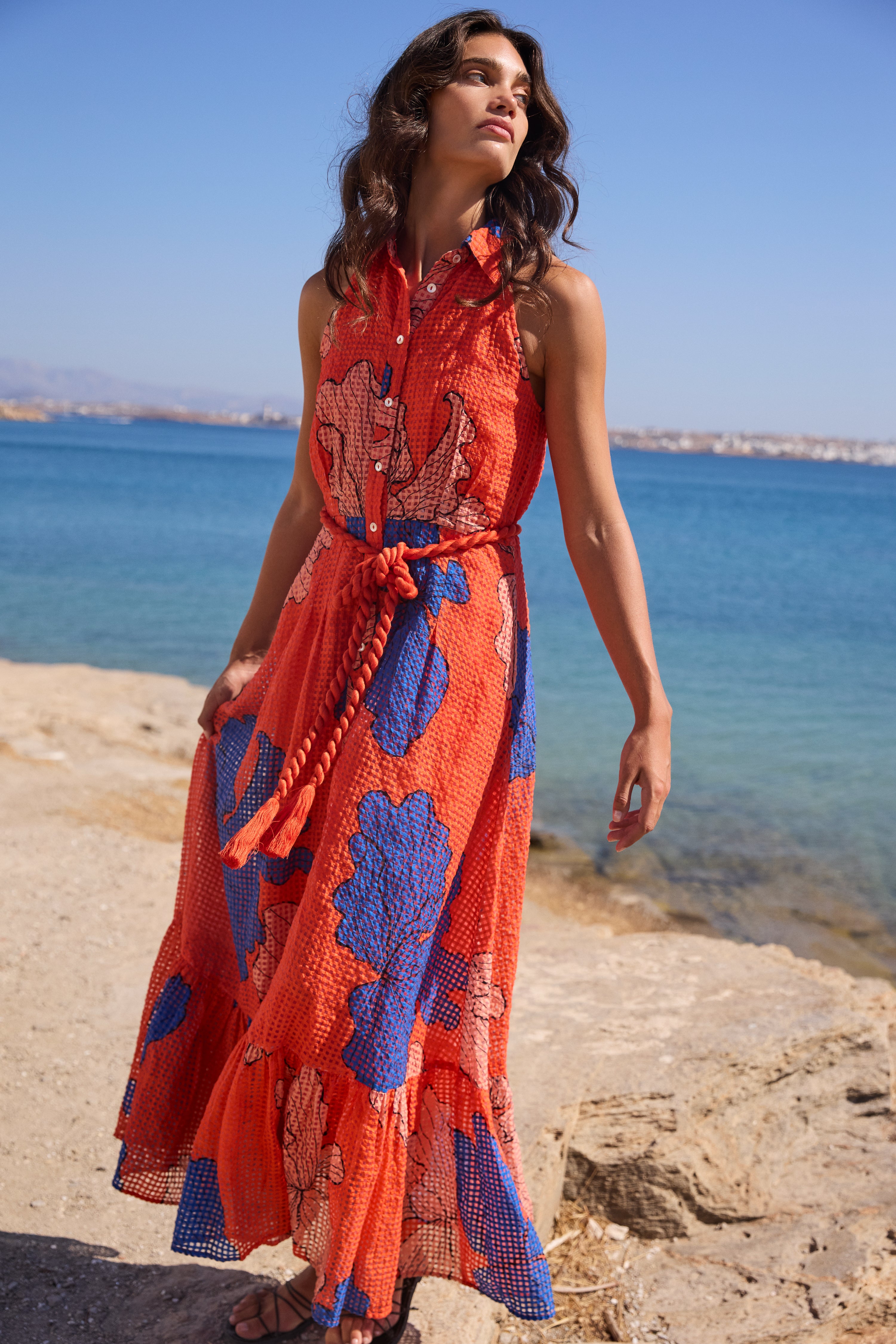 Sleeveless Shirt Dress Maxi- Bora Bora Red