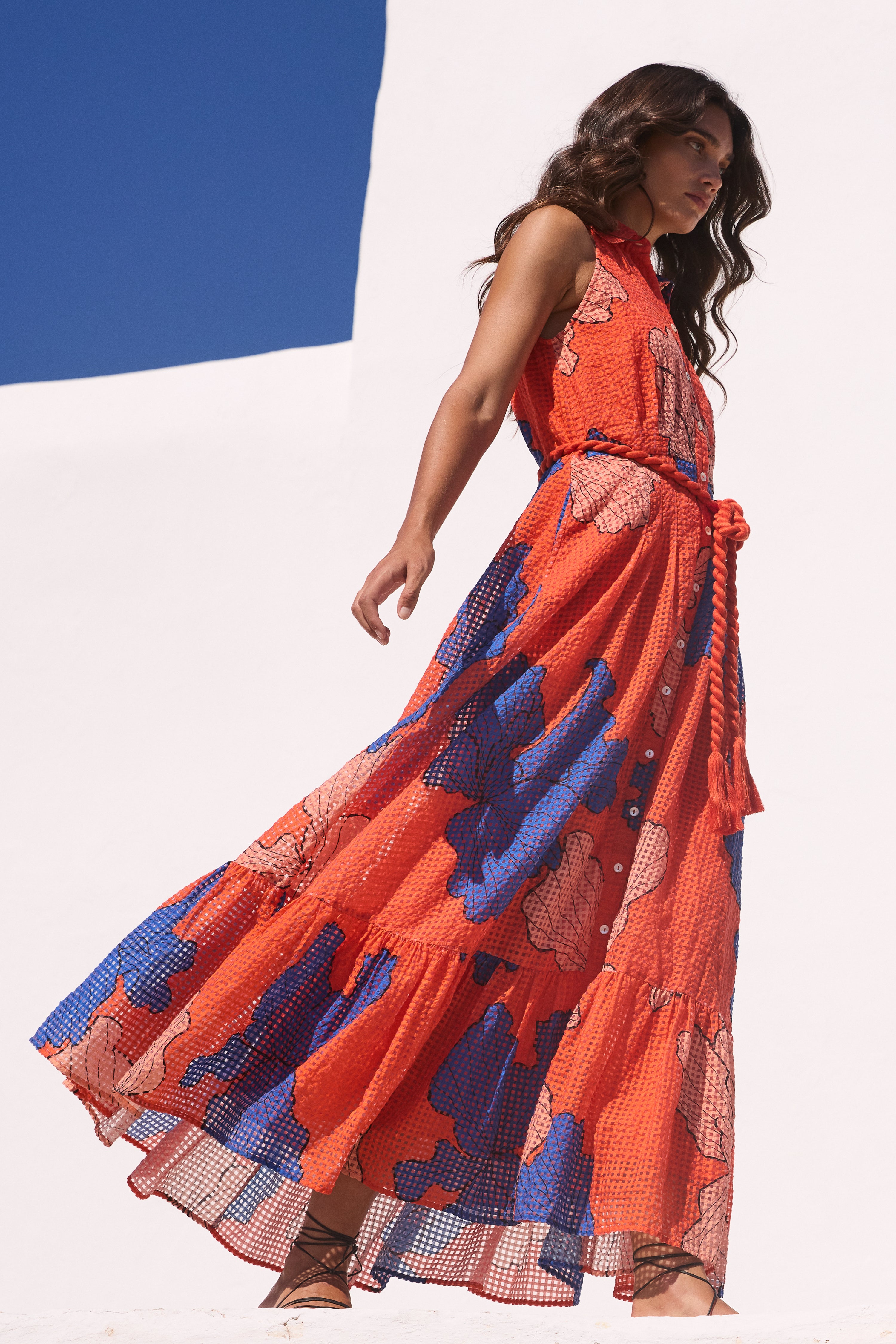 Sleeveless Shirt Dress Maxi- Bora Bora Red