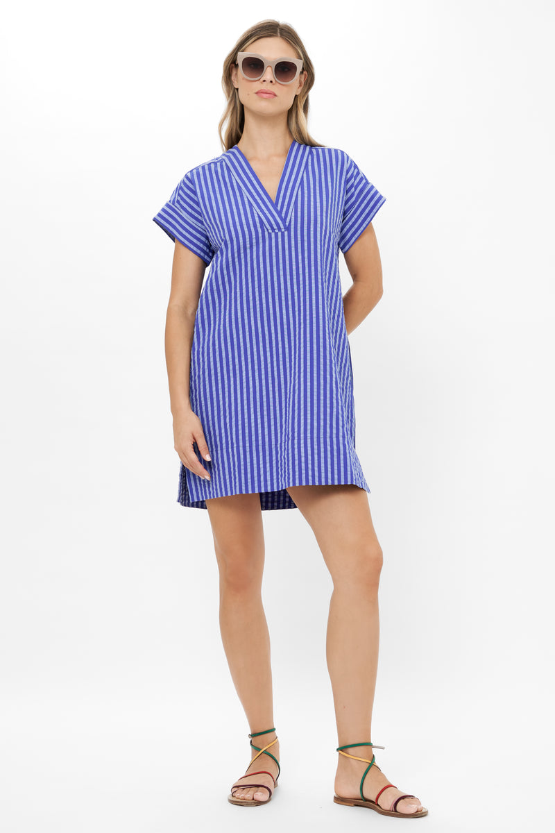 V-Neck Roll Sleeve Mini- Cabana Cobalt