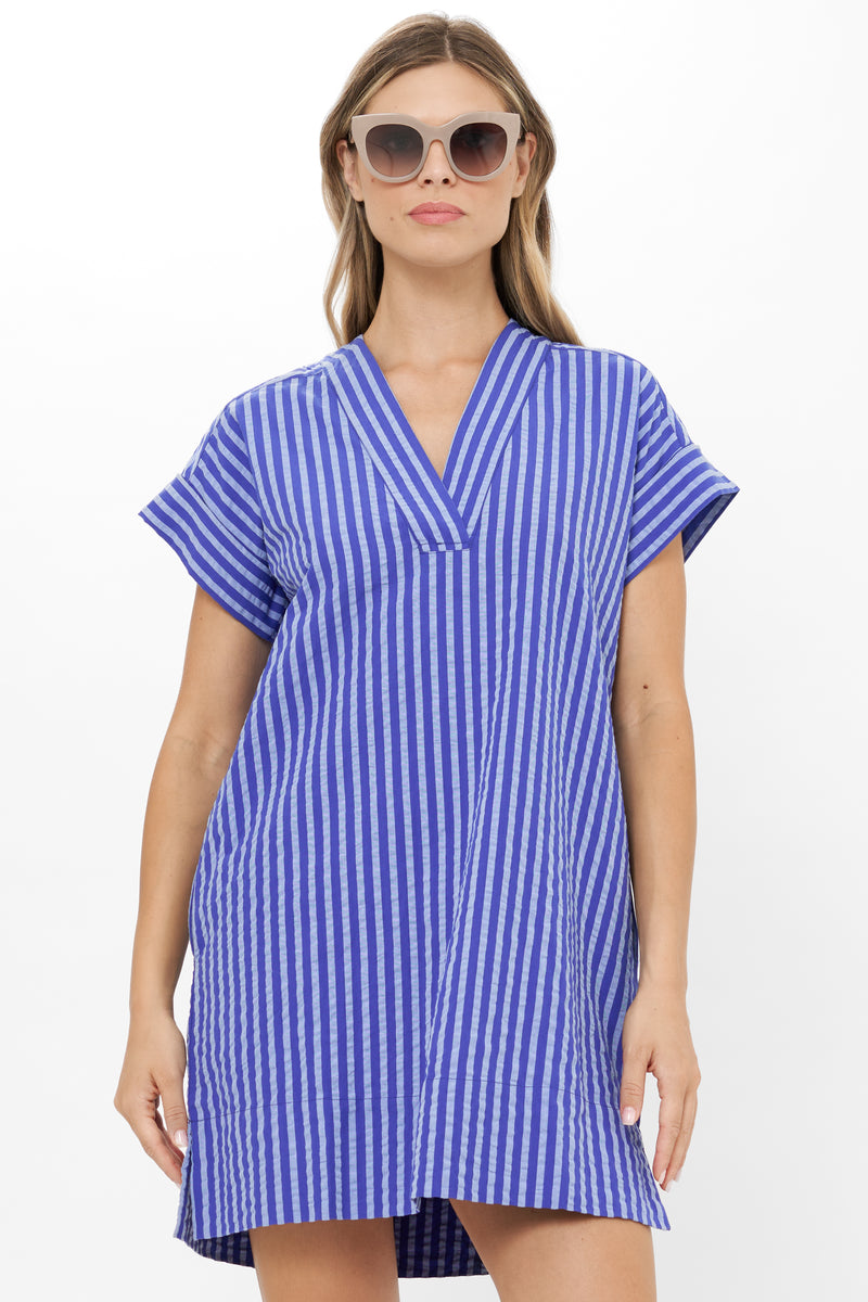 V-Neck Roll Sleeve Mini- Cabana Cobalt