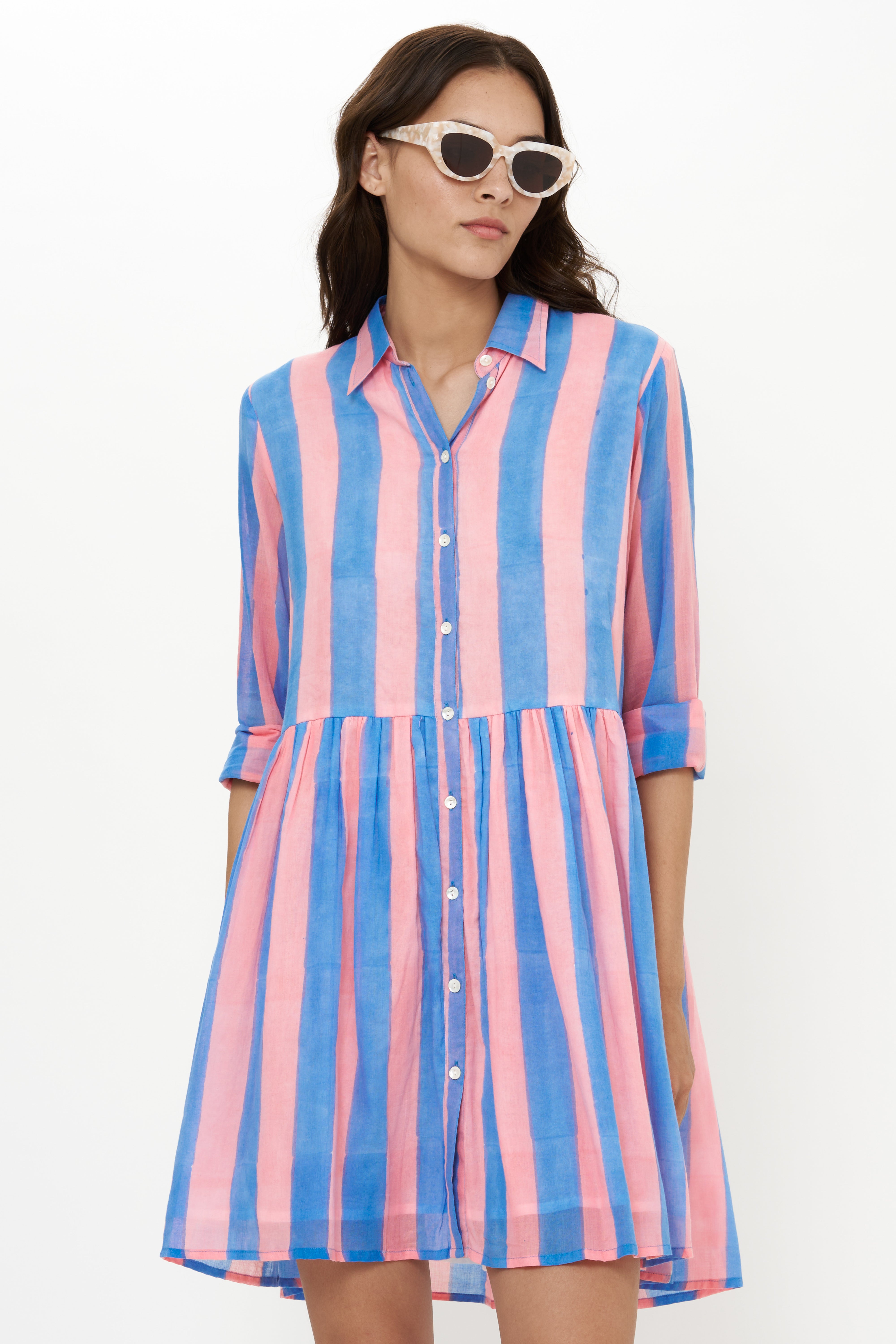 Long Sleeve Shirt Dress Mini- Cabana Pink