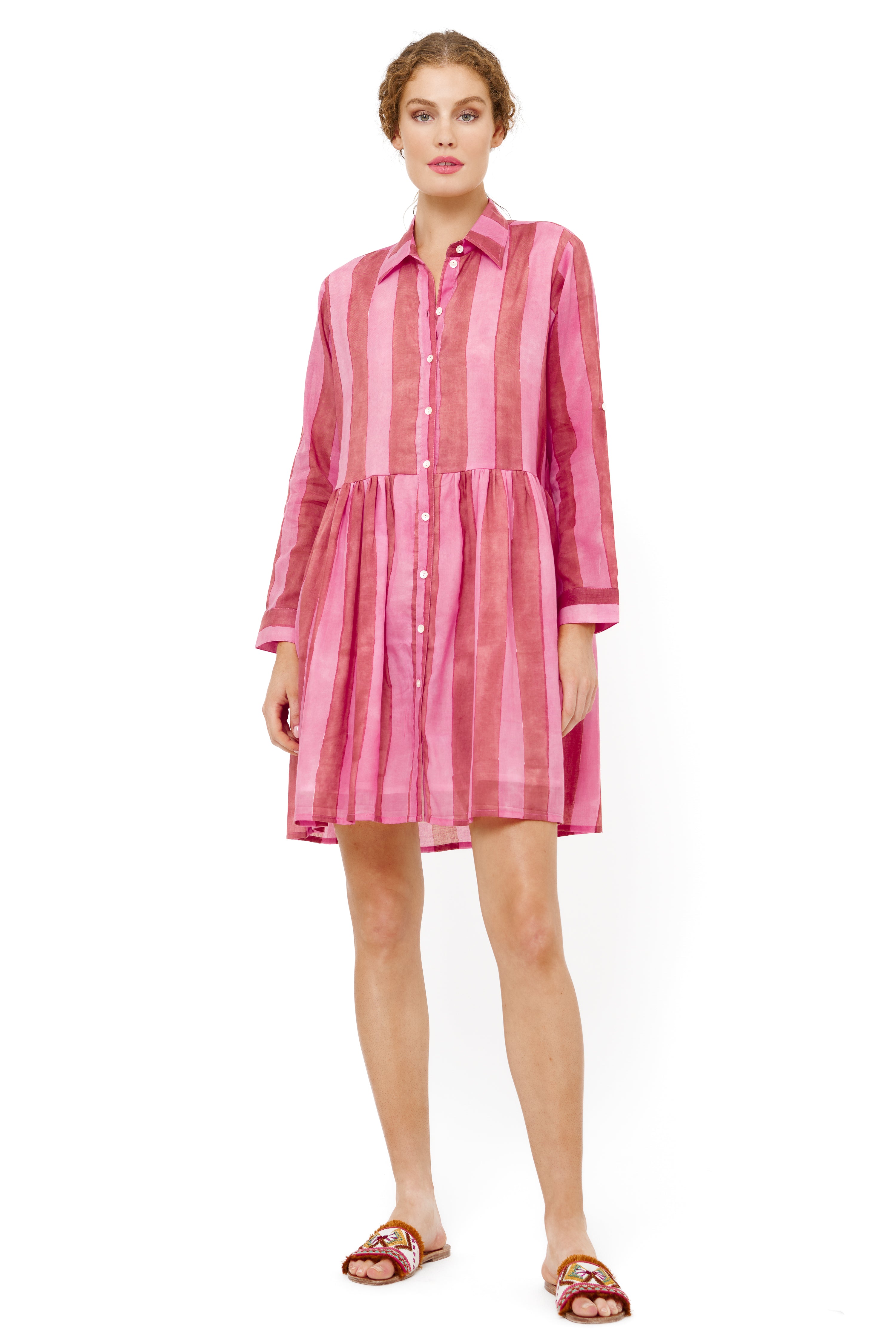 Long Sleeve Shirt Dress Mini- Cabana Rhubarb