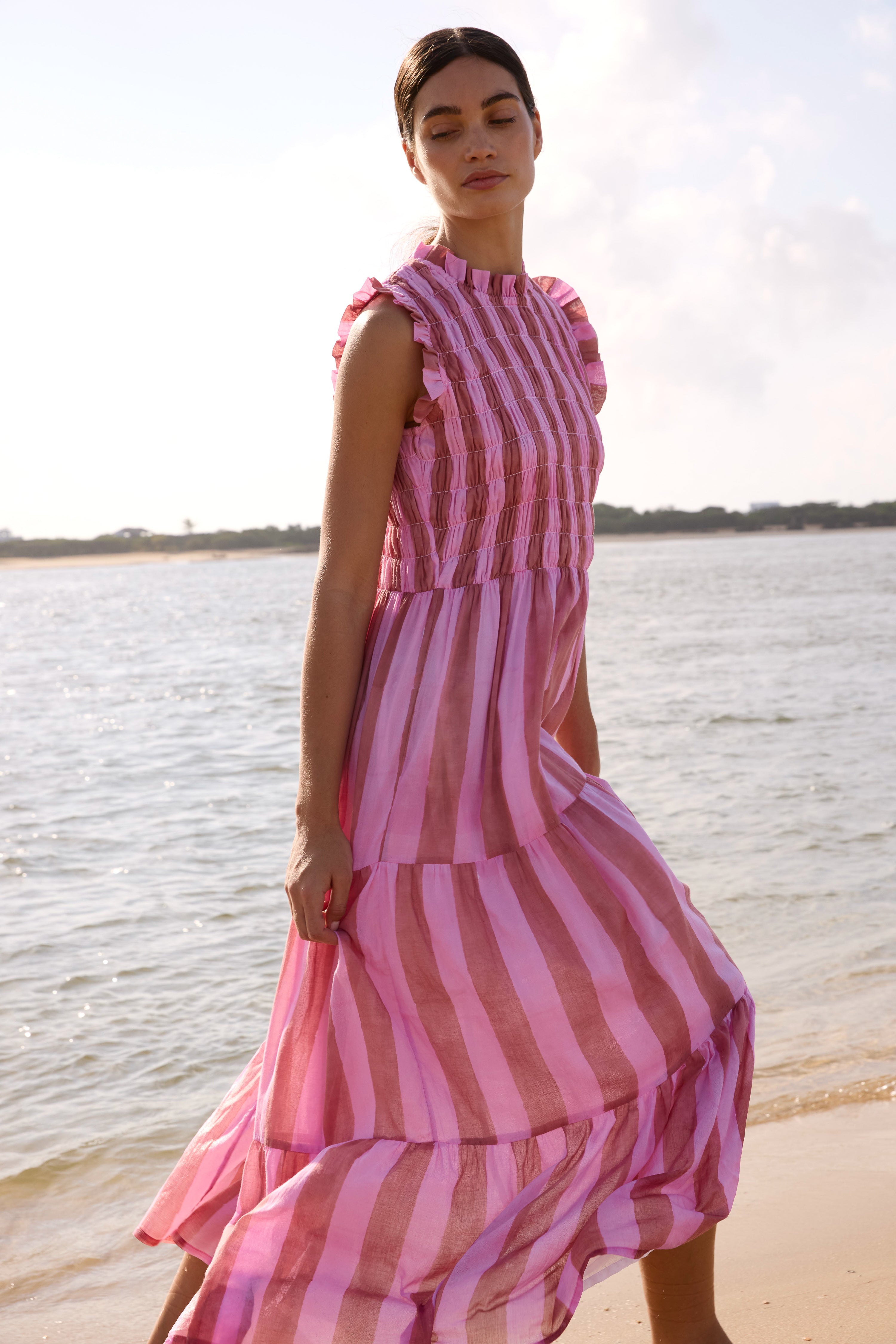 Sleeveless Smocked Maxi- Cabana Rhubarb