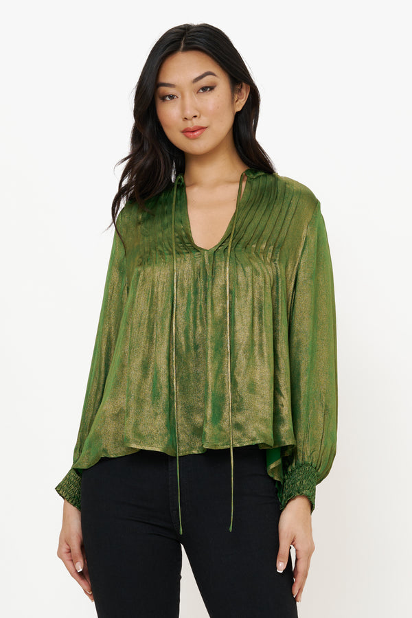 V-Neck Pintuck Blouse- Cairo Green