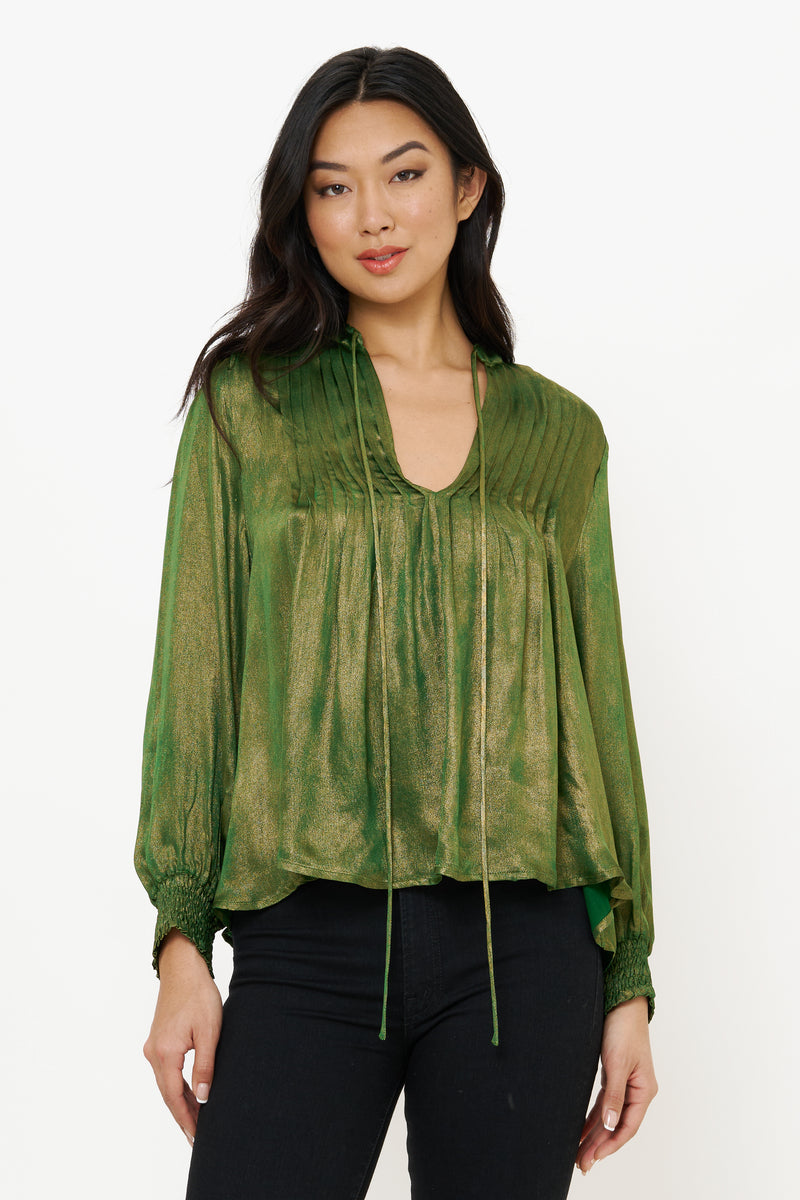 V-Neck Pintuck Blouse- Cairo Green