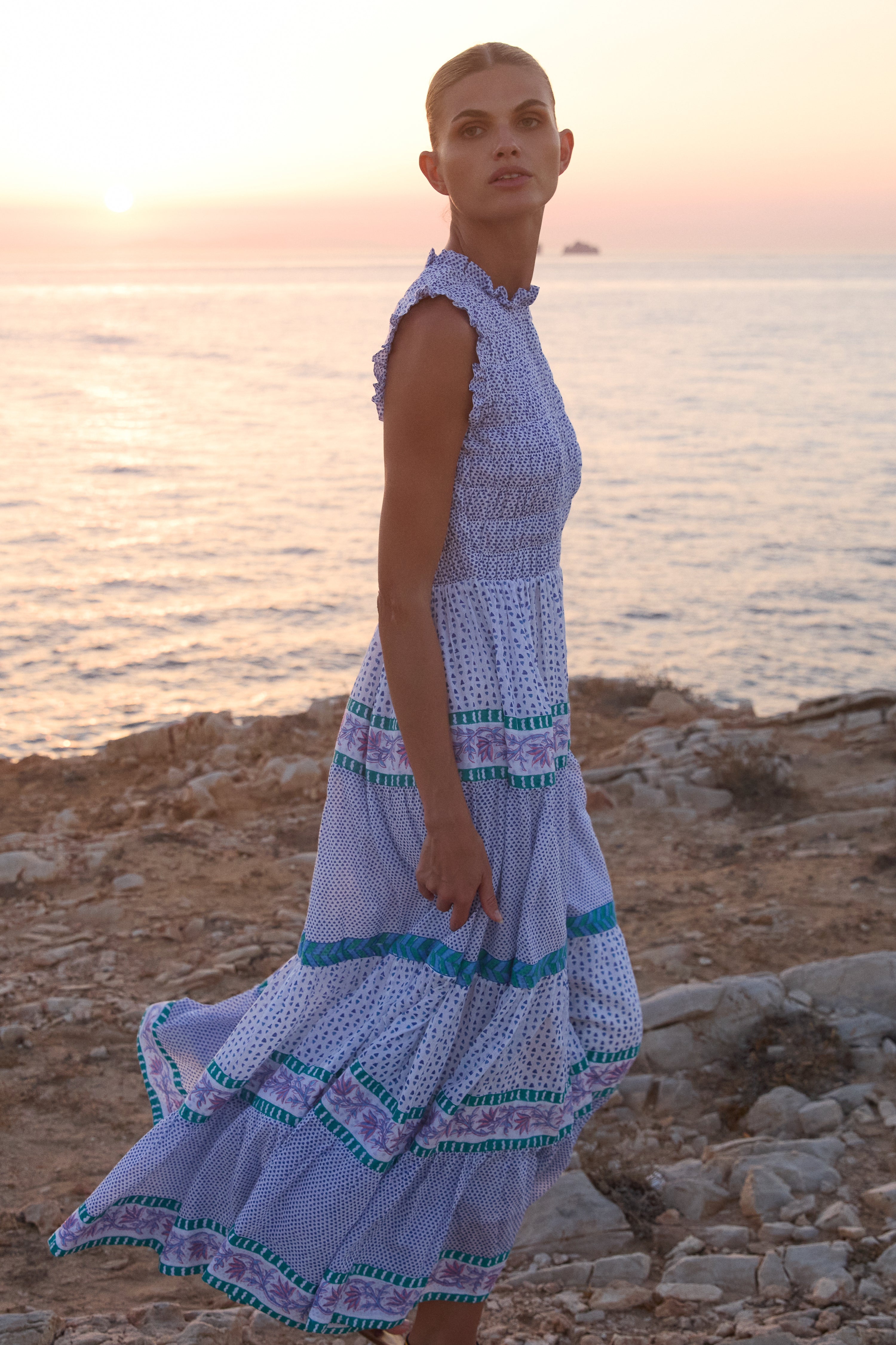 Sleeveless Smocked Maxi- Capri Blue