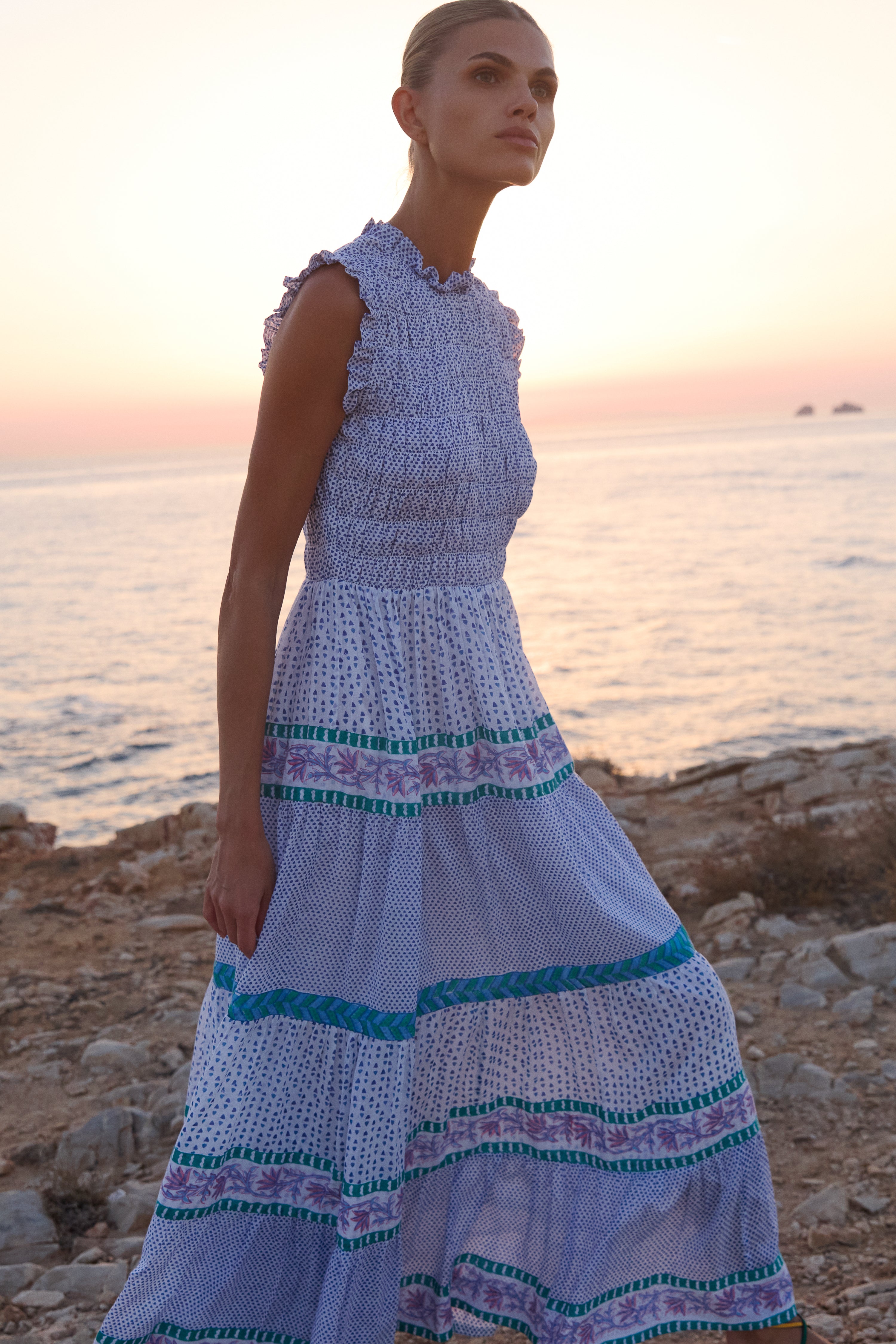 Sleeveless Smocked Maxi- Capri Blue