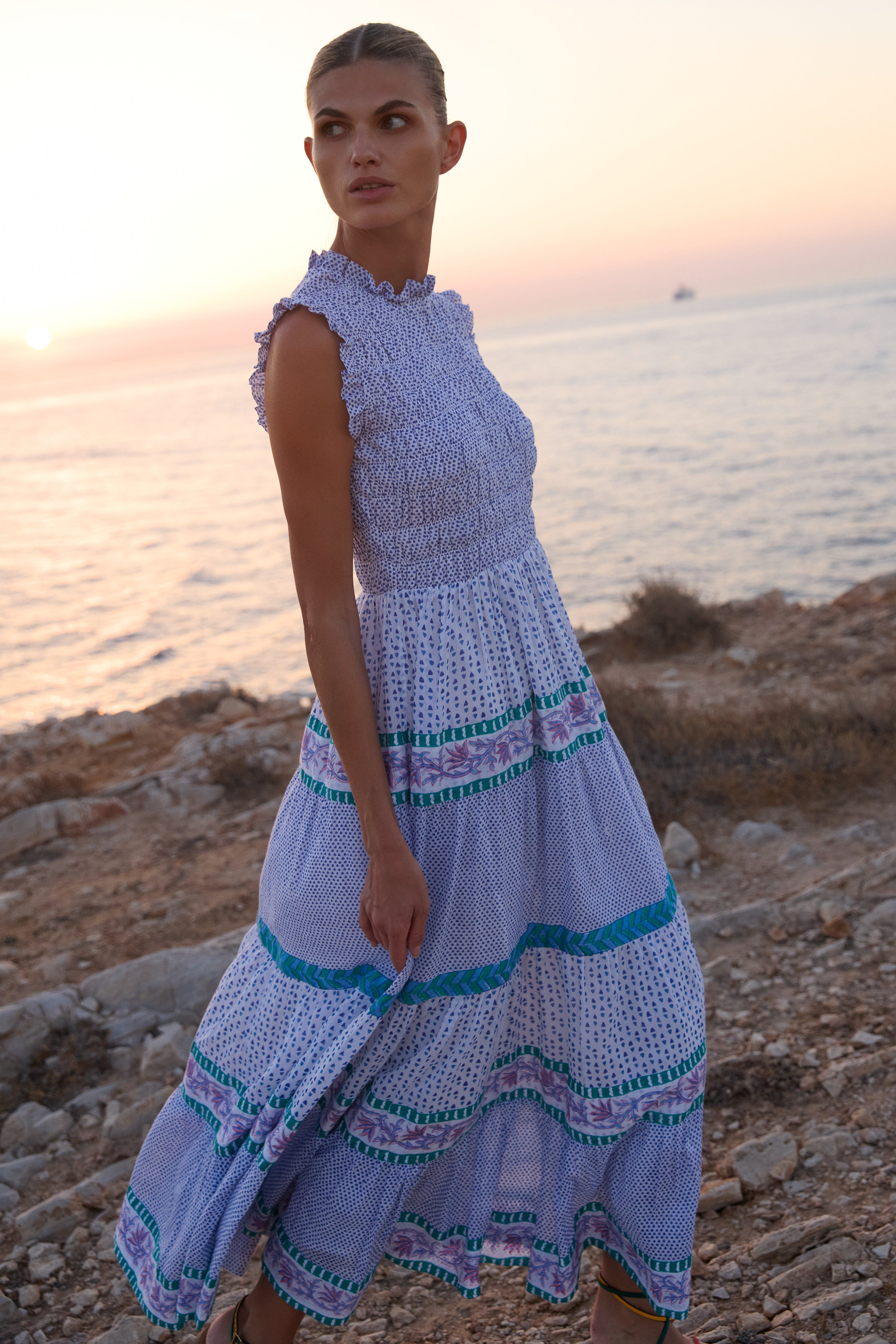 Sleeveless Smocked Maxi- Capri Blue