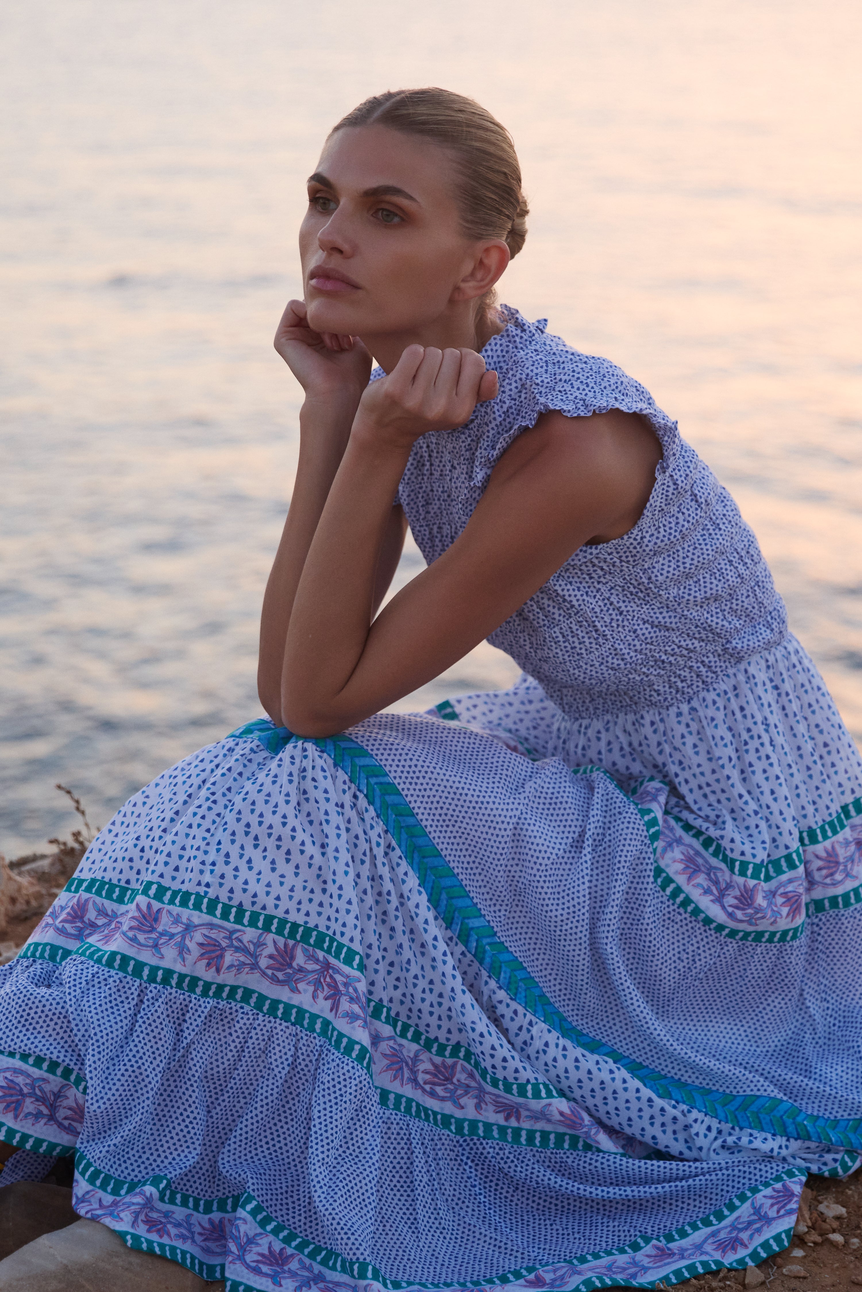 Sleeveless Smocked Maxi- Capri Blue