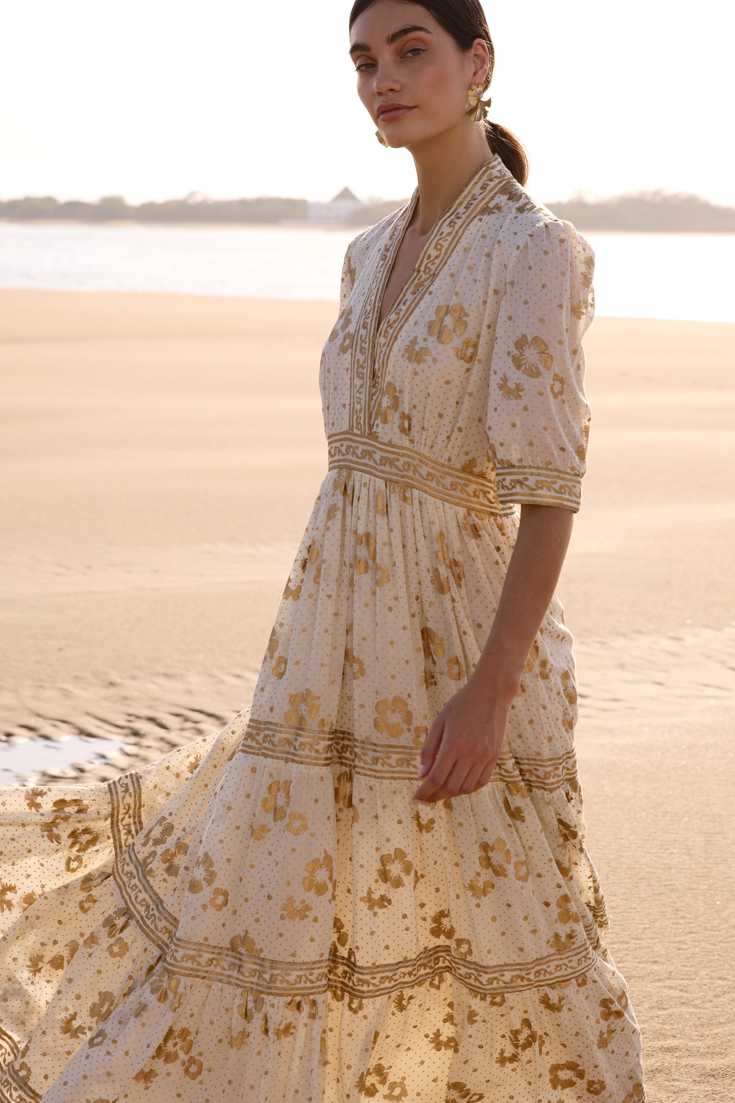 V-Neck Cuffed Maxi- Carlin Cream Gold