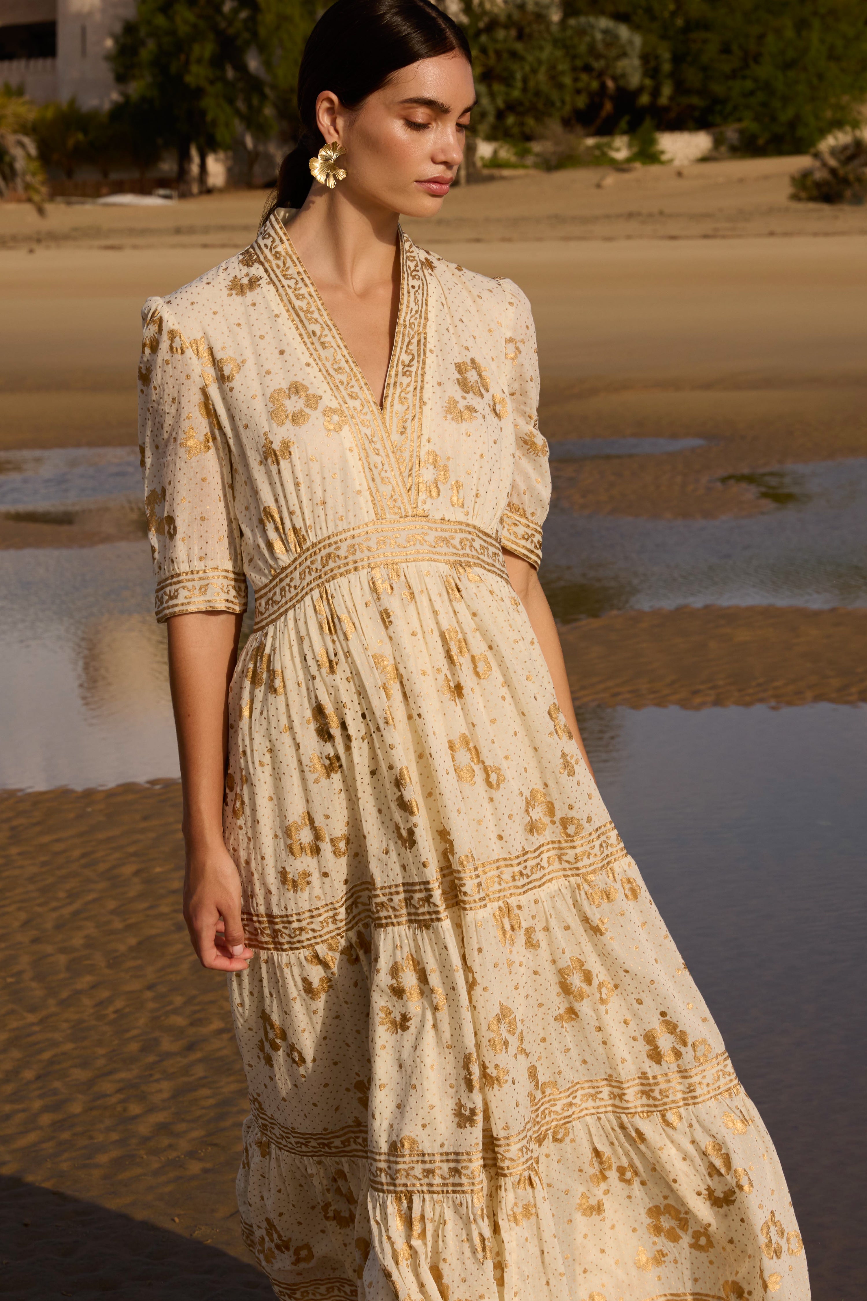 V-Neck Cuffed Maxi- Carlin Cream Gold