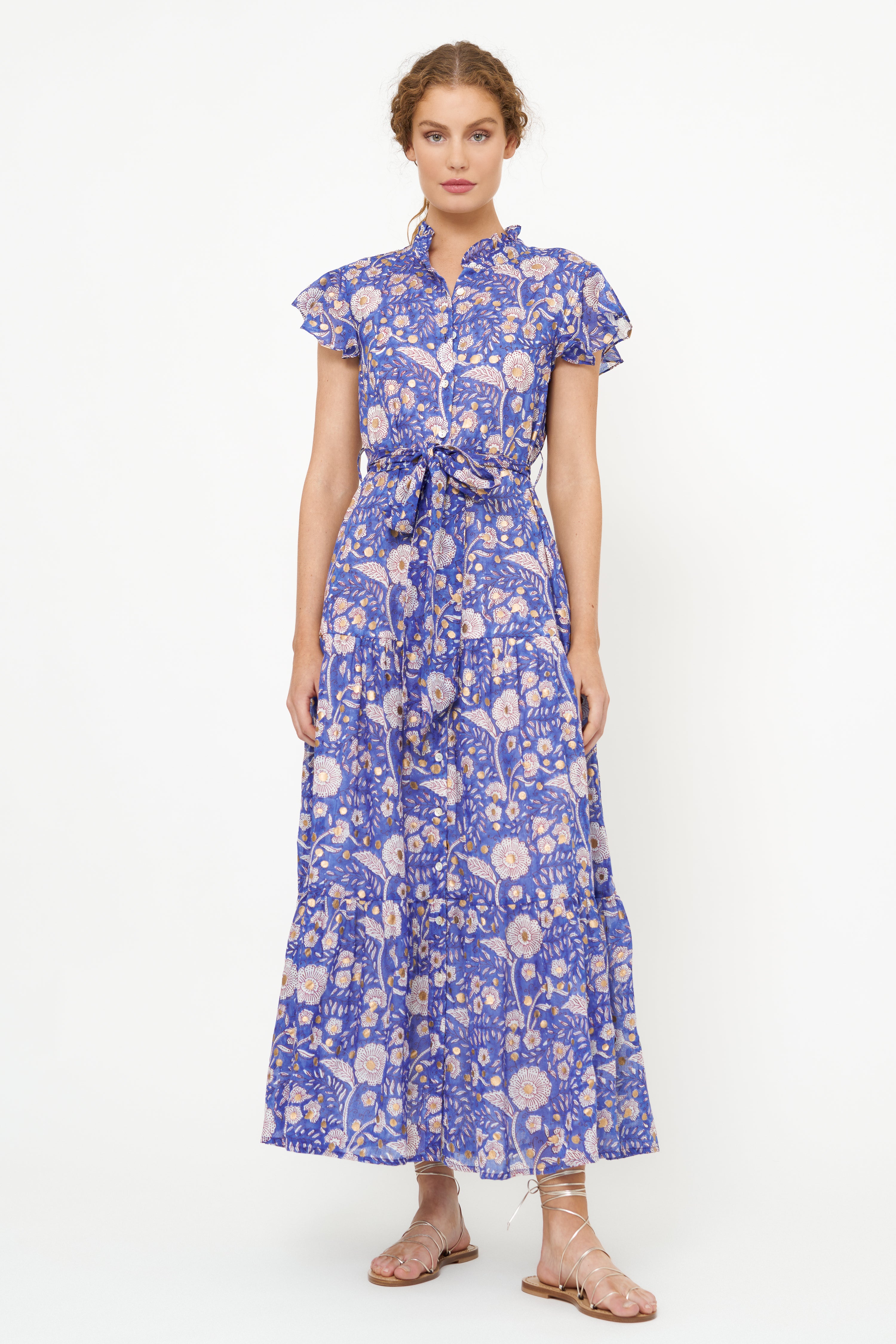 Ruffle Collar Button Maxi- Carolina Cobalt