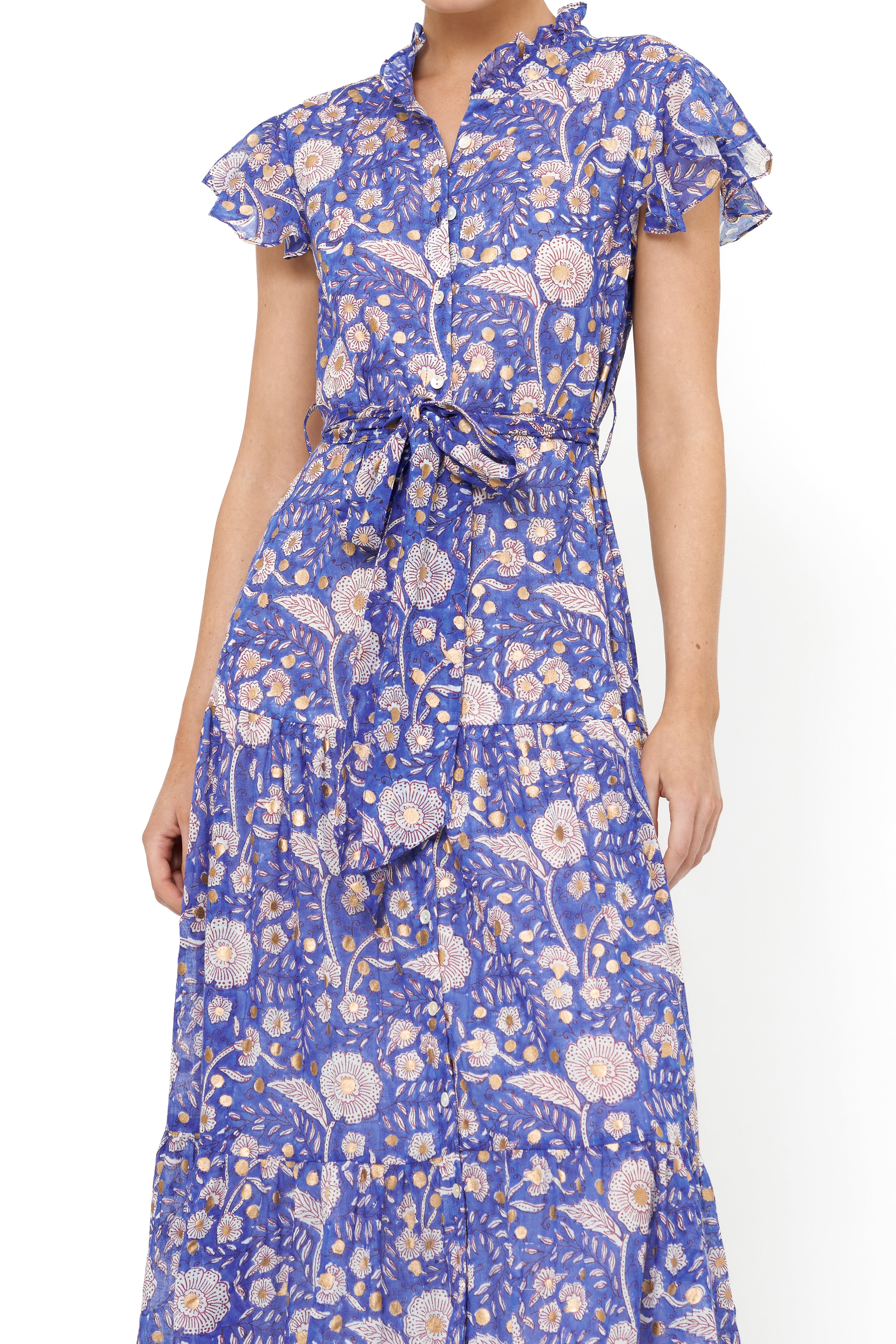 Ruffle Collar Button Maxi- Carolina Cobalt