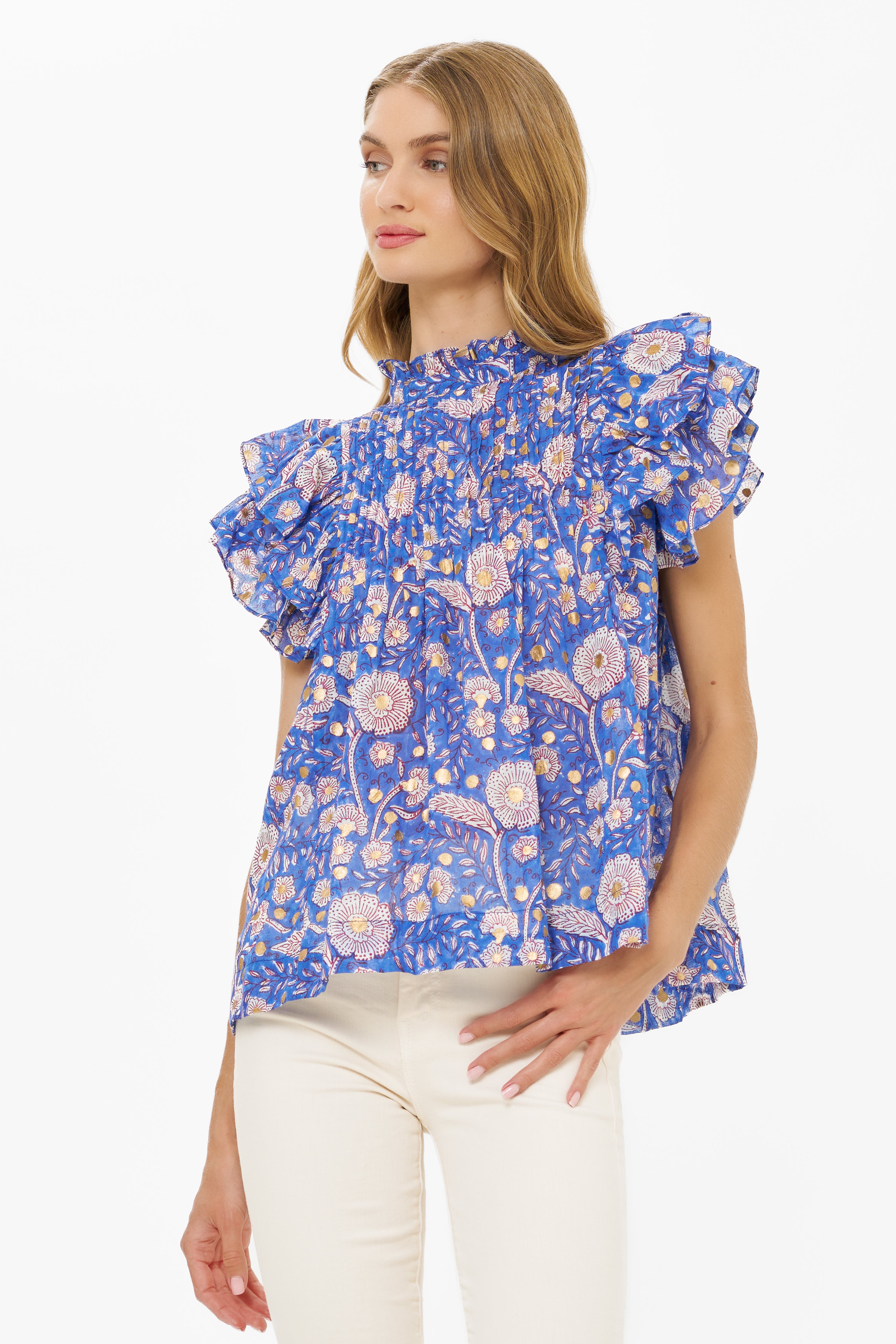 Pintuck Ruffle Top- Carolina Cobalt