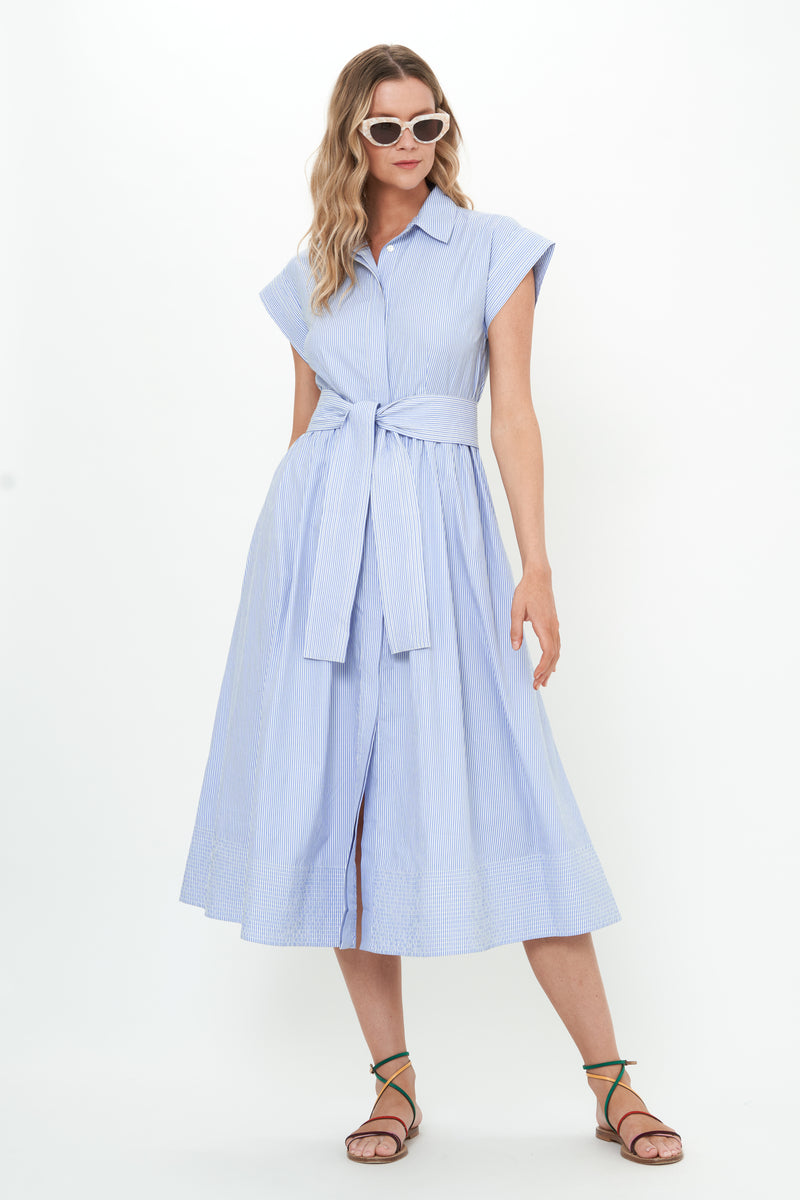 Belted Shirt Dress- Chatham Blue