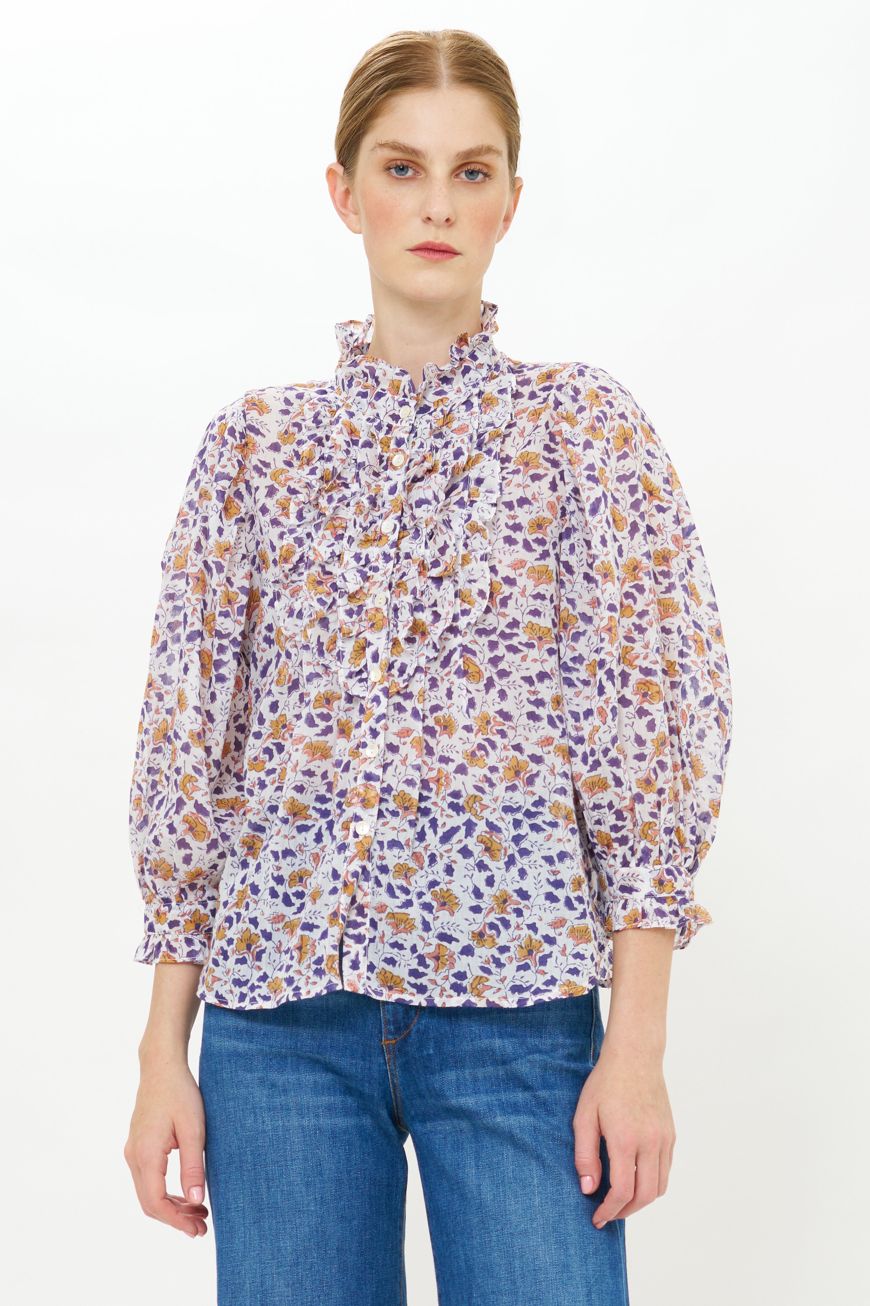 Ruffle Front Button Blouse- Cotswold Navy