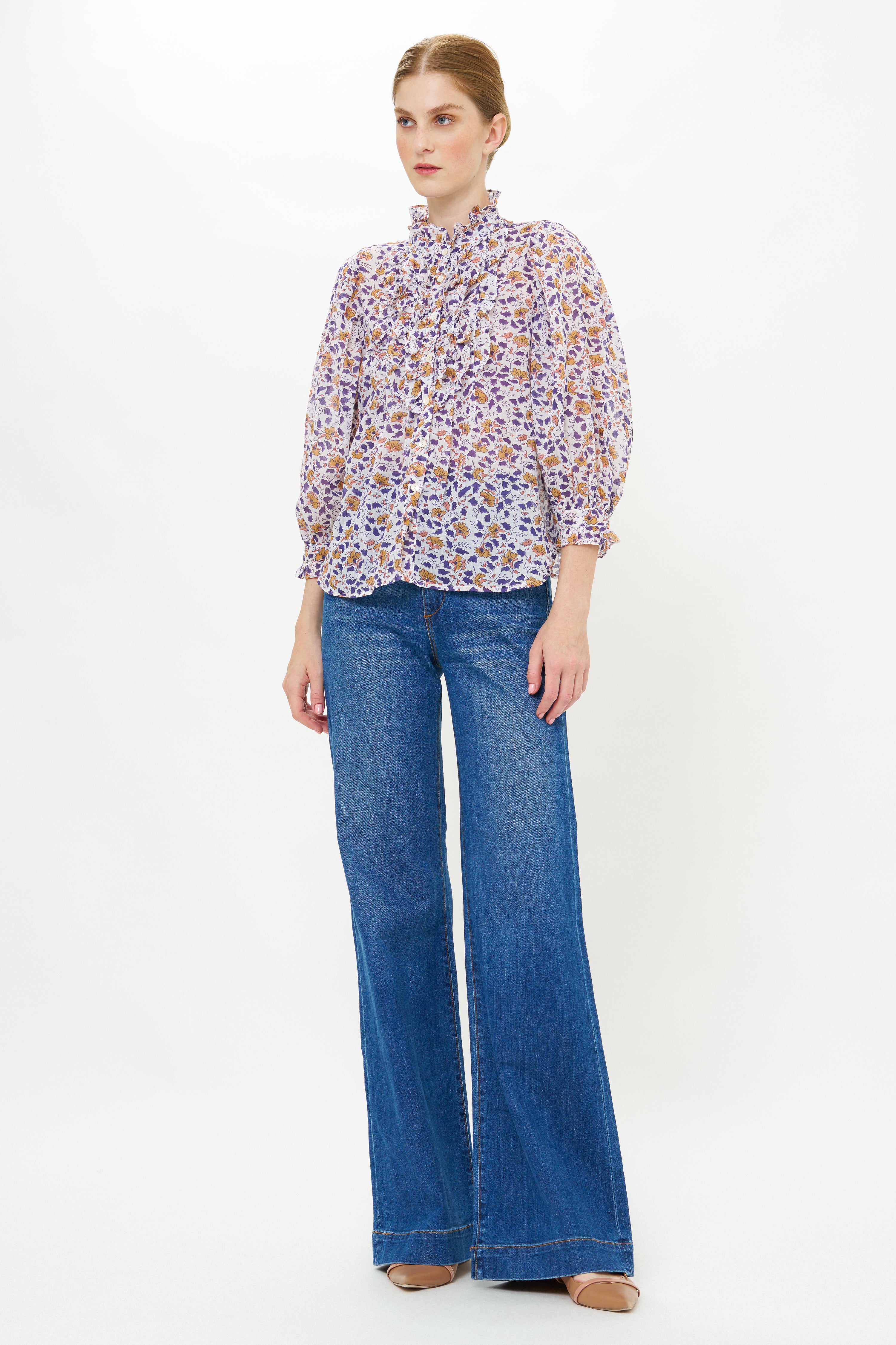 Ruffle Front Button Blouse- Cotswold Navy