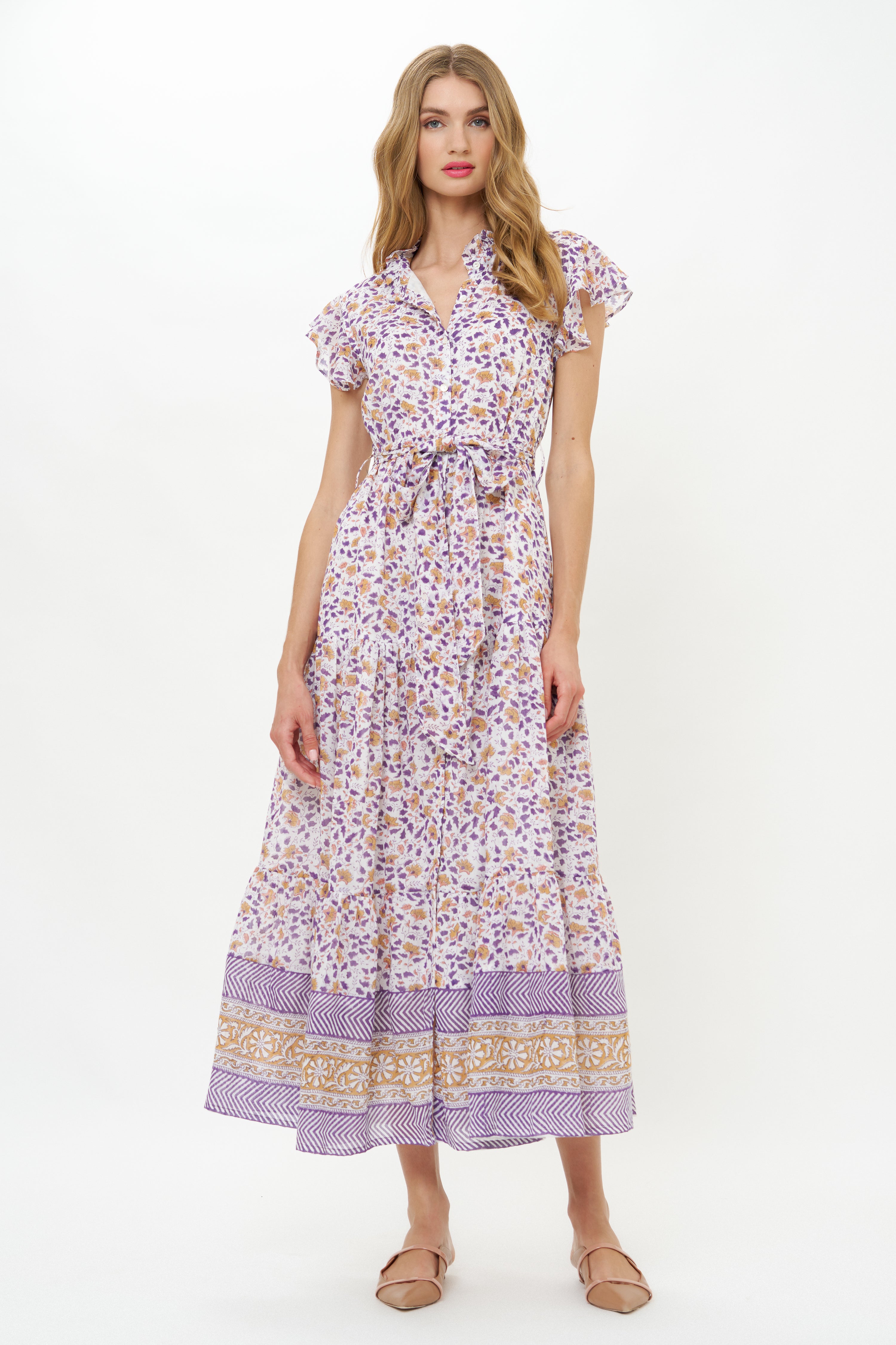 Ruffle Collar Button Maxi- Cotswold Navy