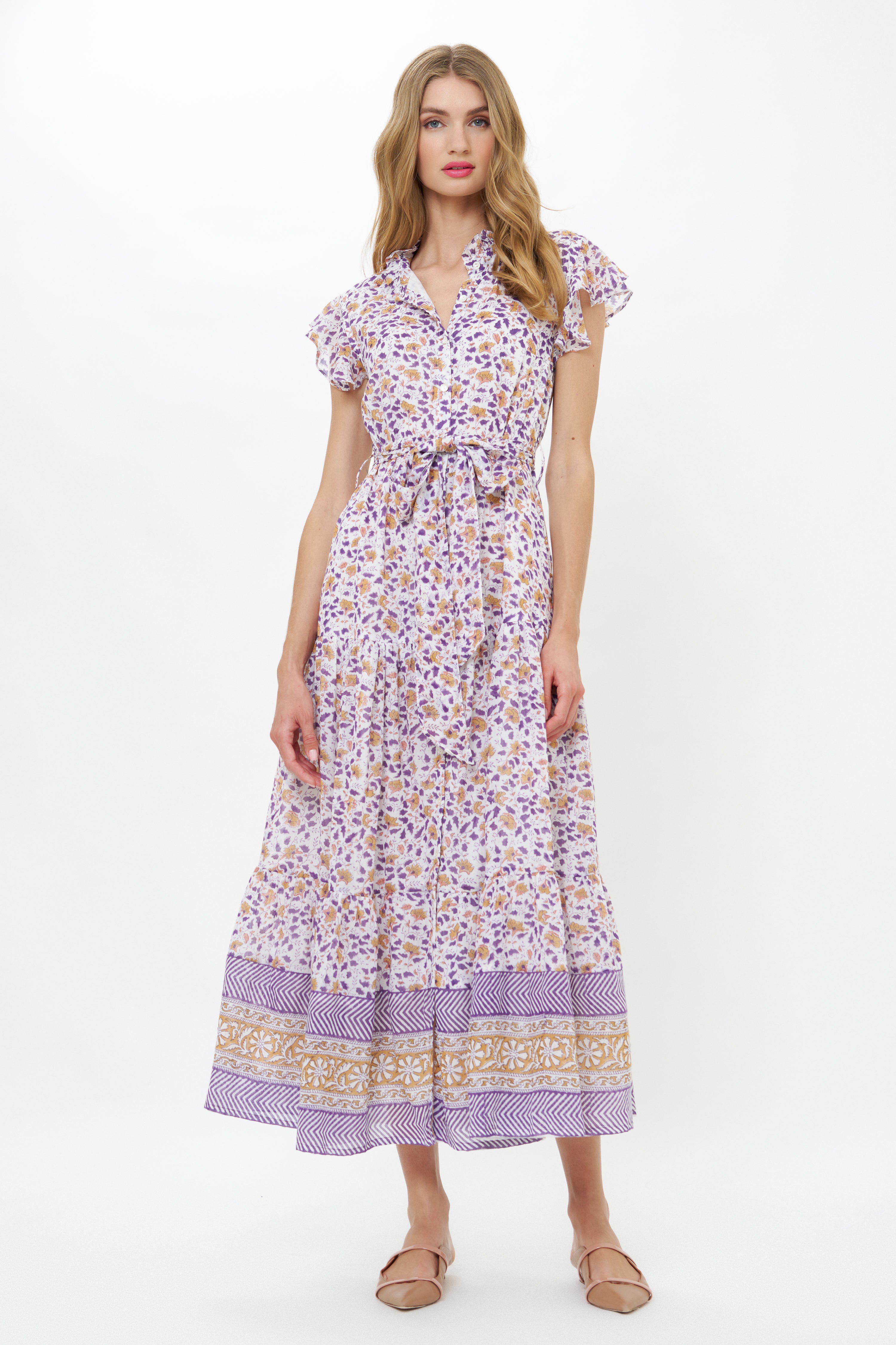 Ruffle Collar Button Maxi- Cotswold Navy