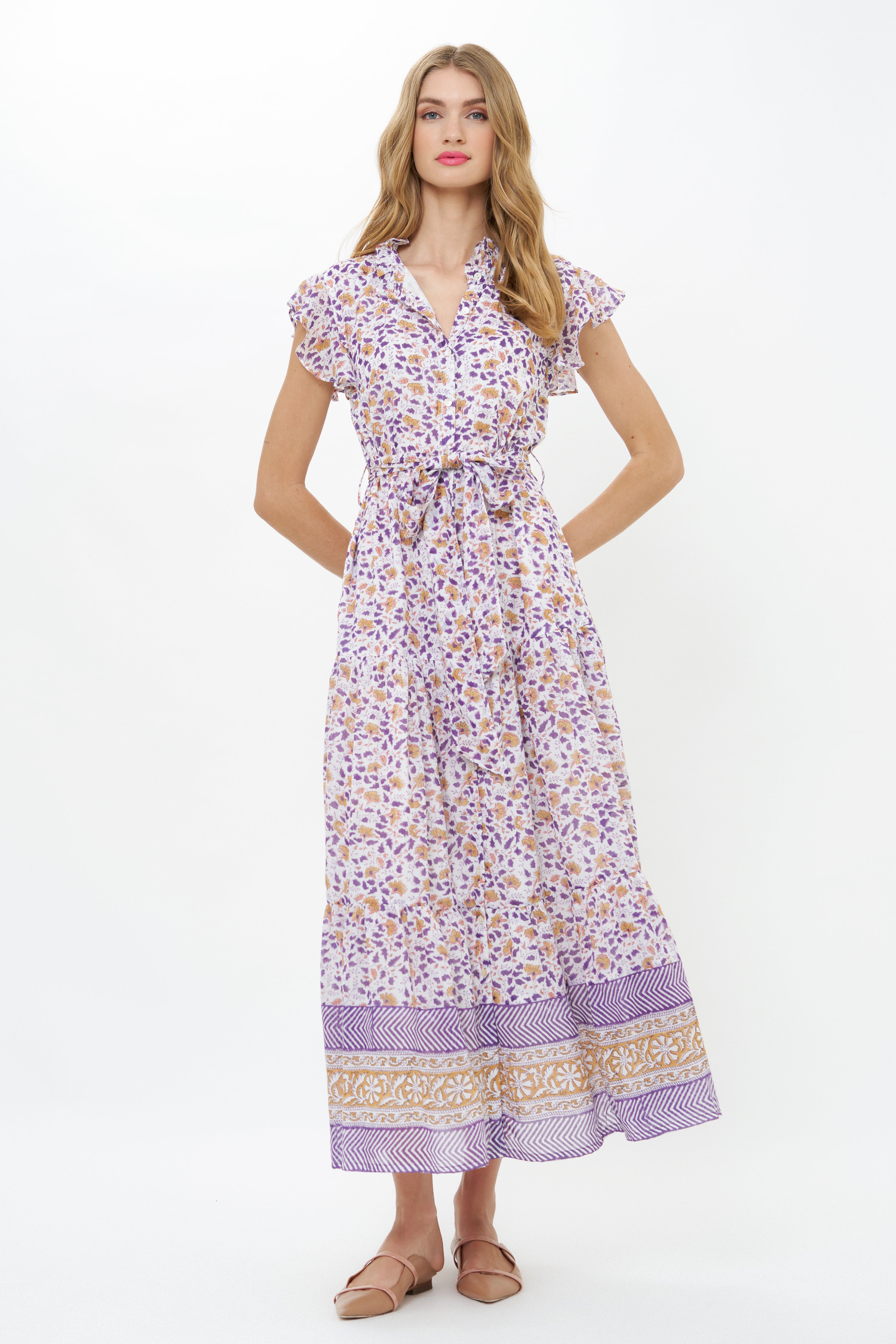 Ruffle Collar Button Maxi- Cotswold Navy