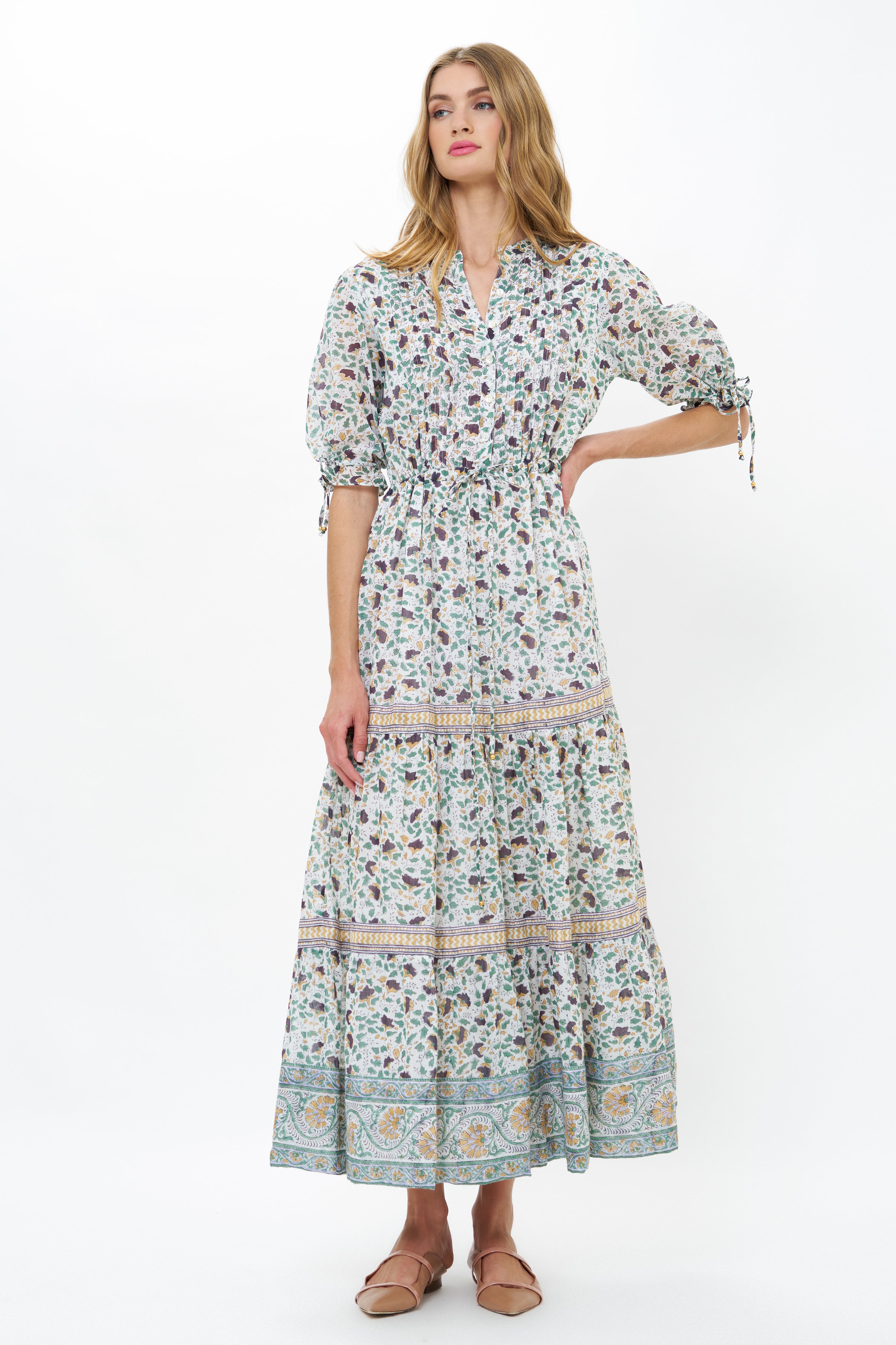 Cinched Pintuck Maxi- Cotswold Green