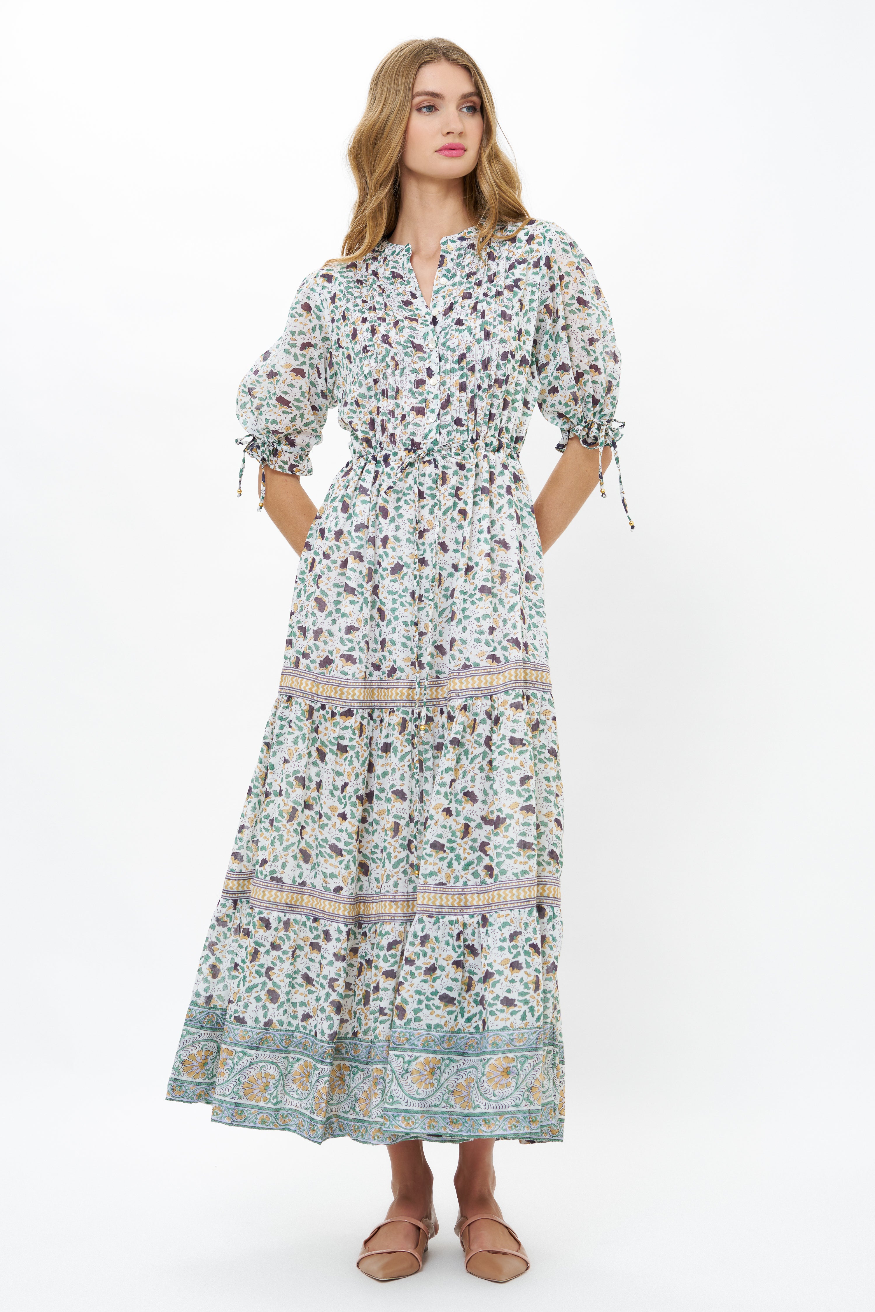 Cinched Pintuck Maxi- Cotswold Green