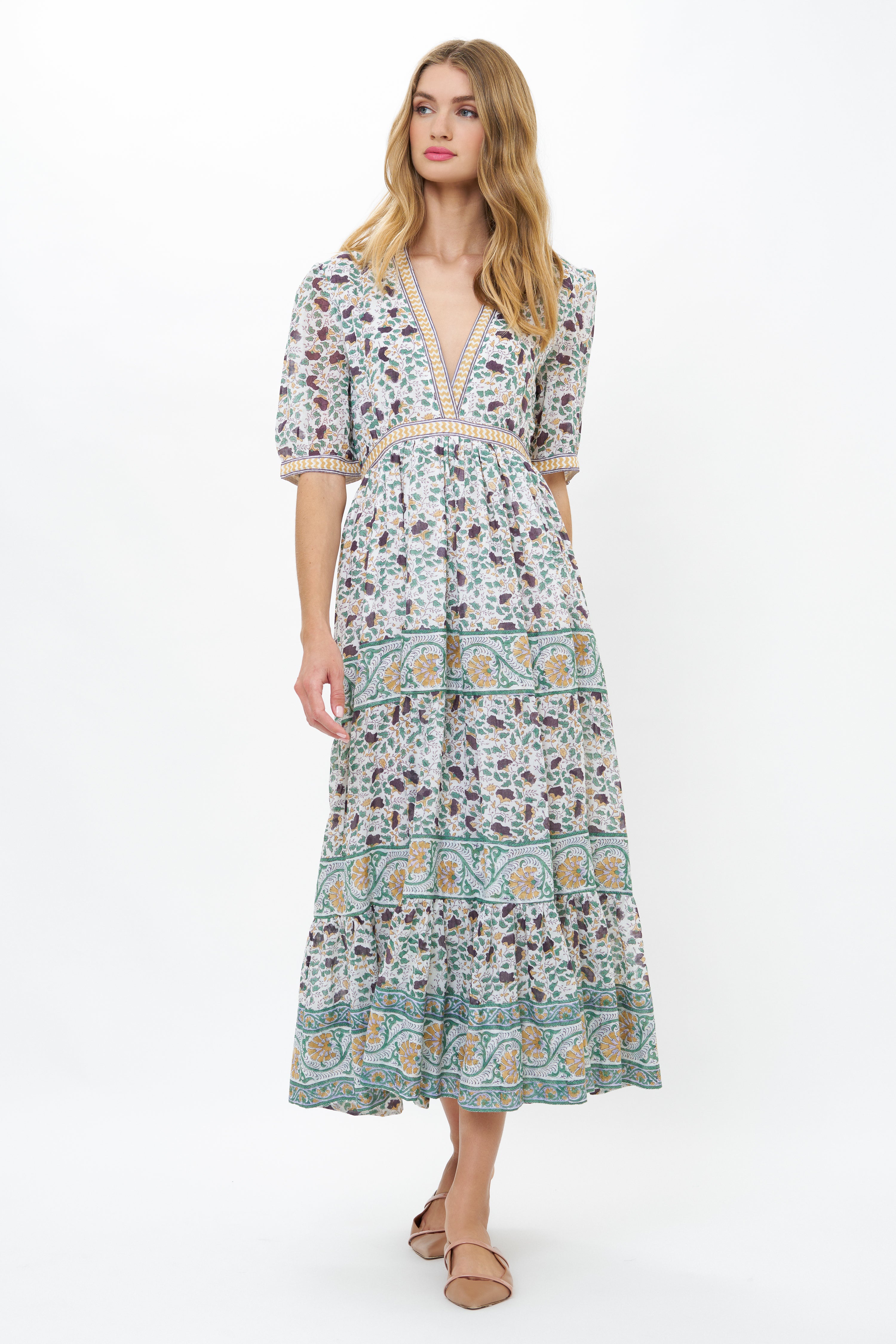V-Neck Cuffed Maxi- Cotswold Green