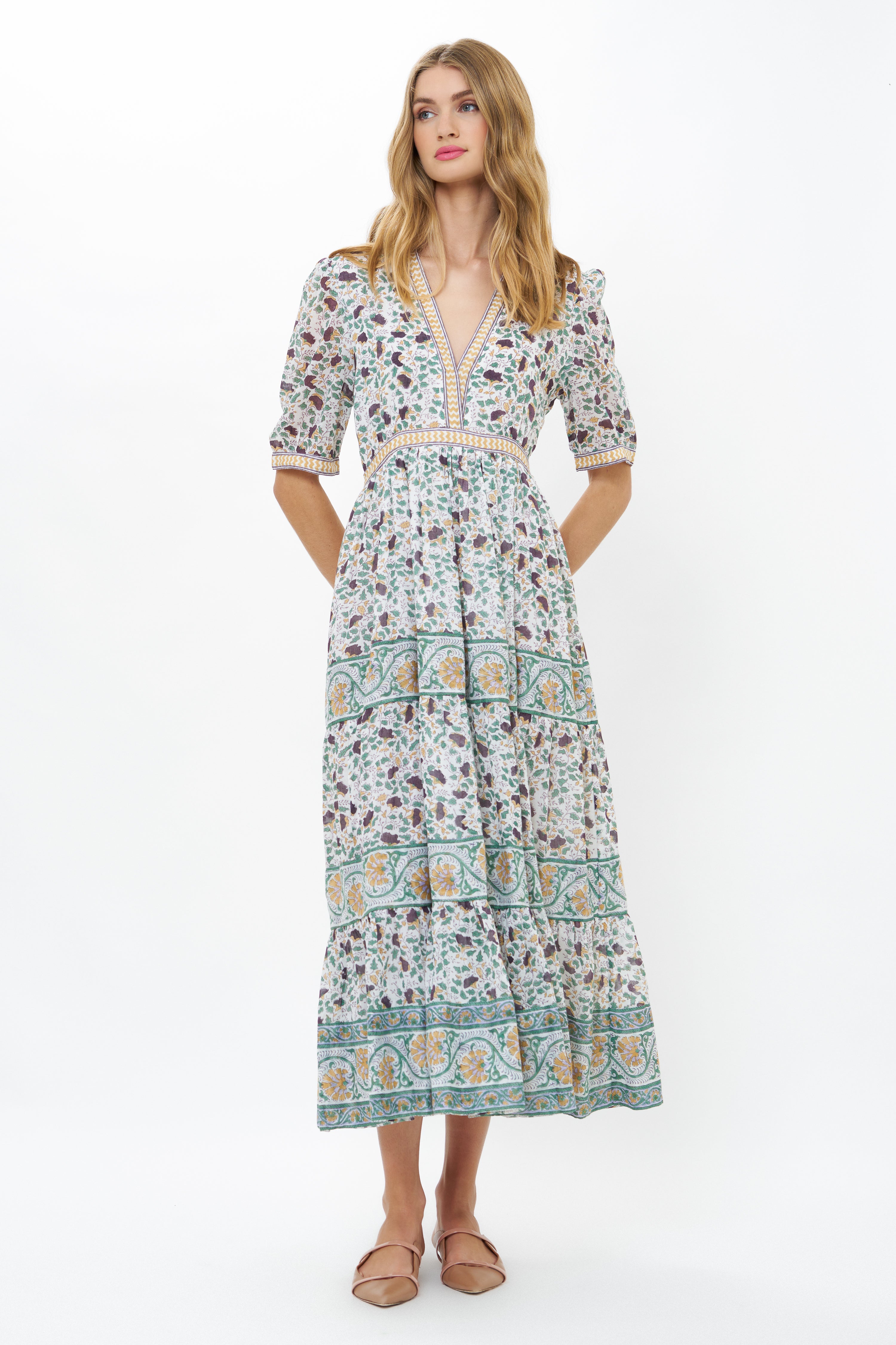 V-Neck Cuffed Maxi- Cotswold Green