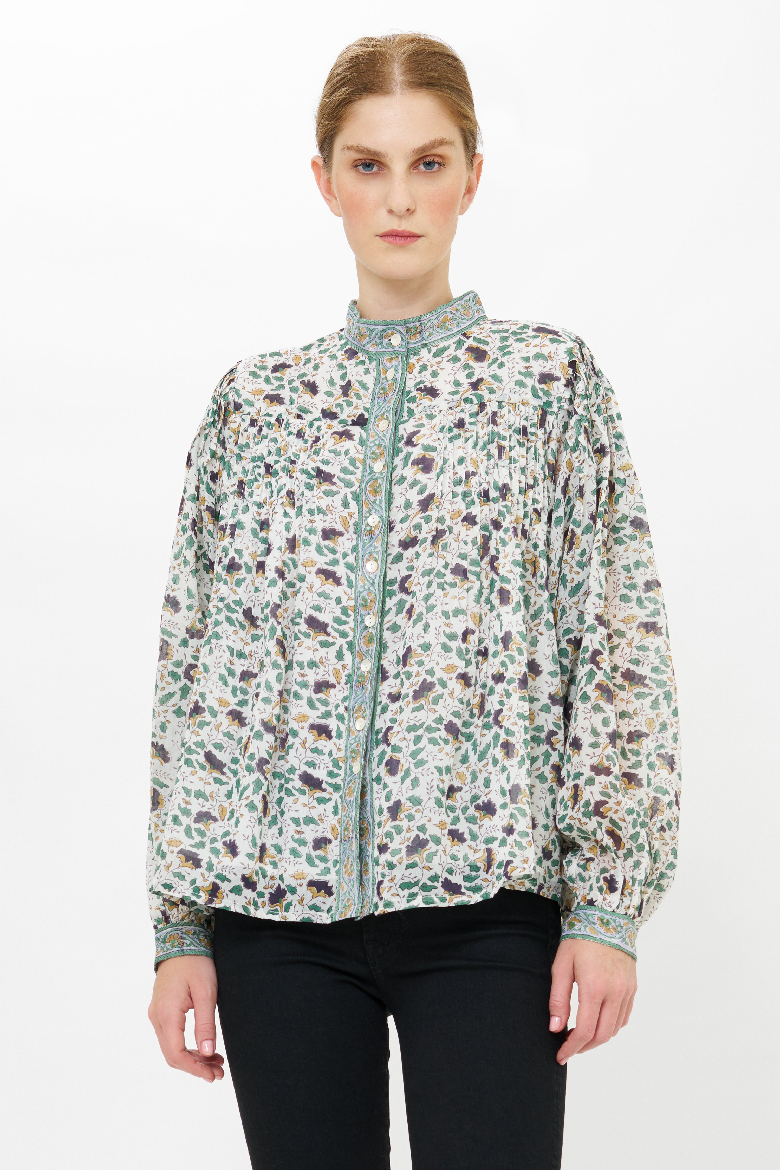 Mandarin Pintuck Blouse- Cotswold Green