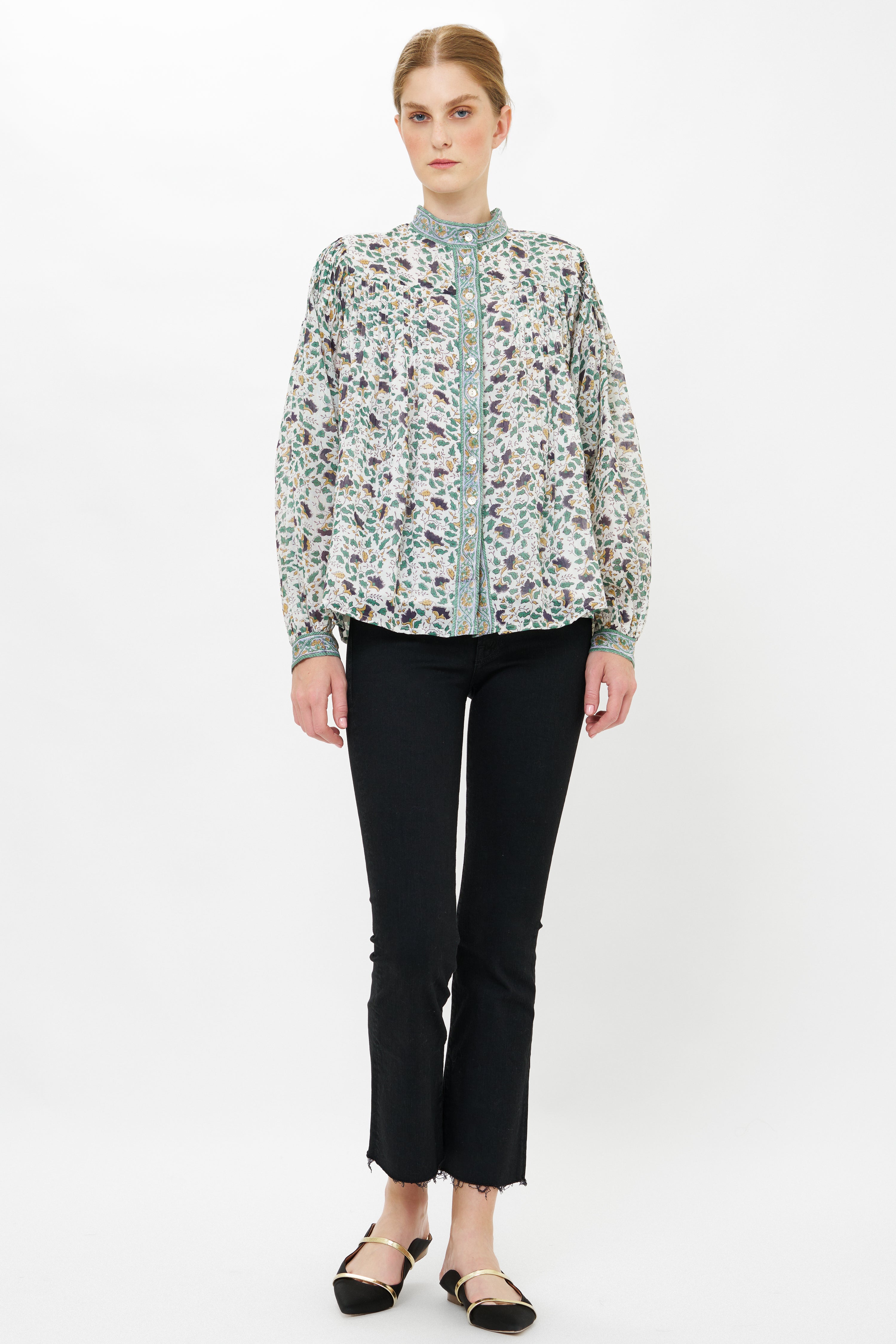 Mandarin Pintuck Blouse- Cotswold Green