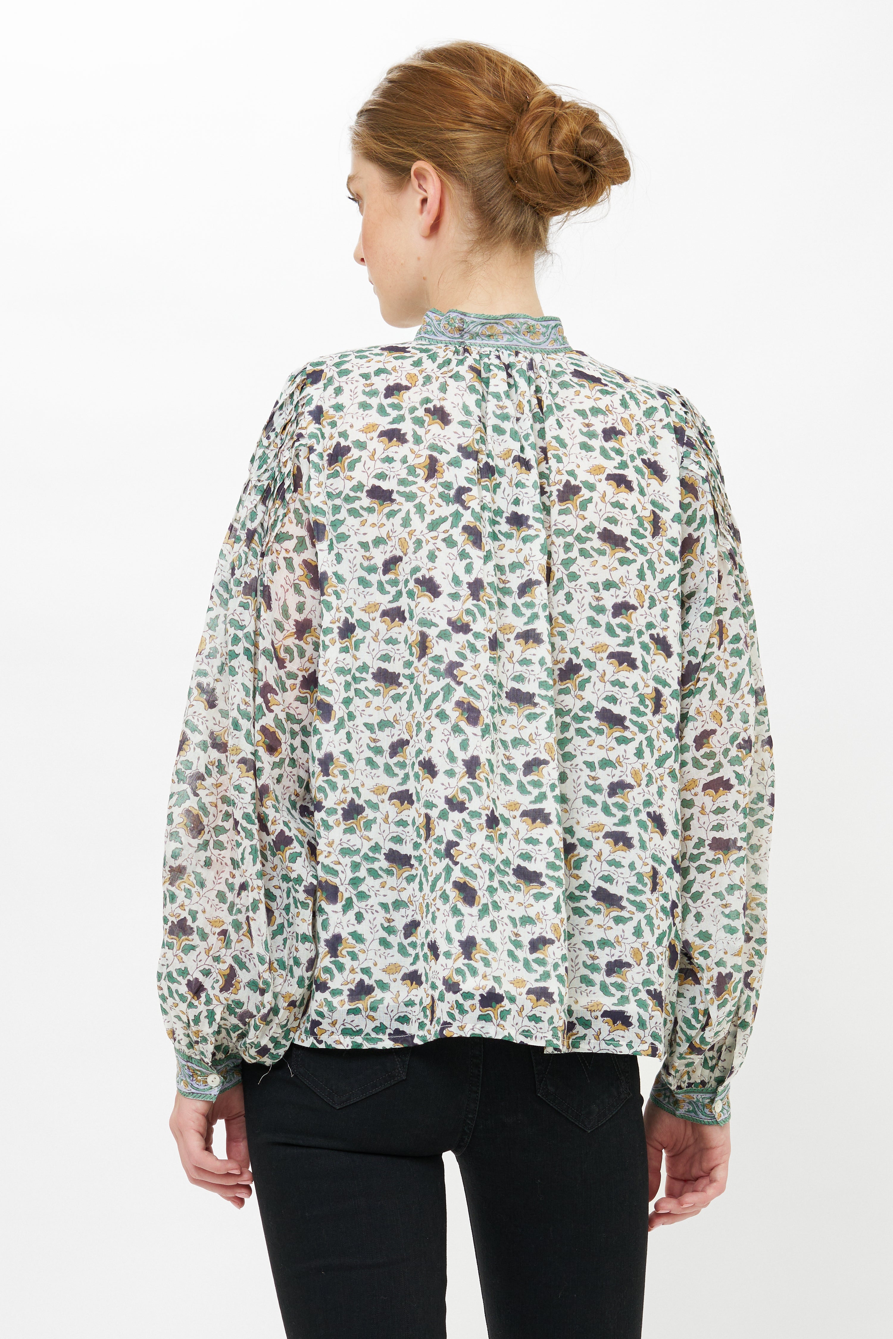 Mandarin Pintuck Blouse- Cotswold Green