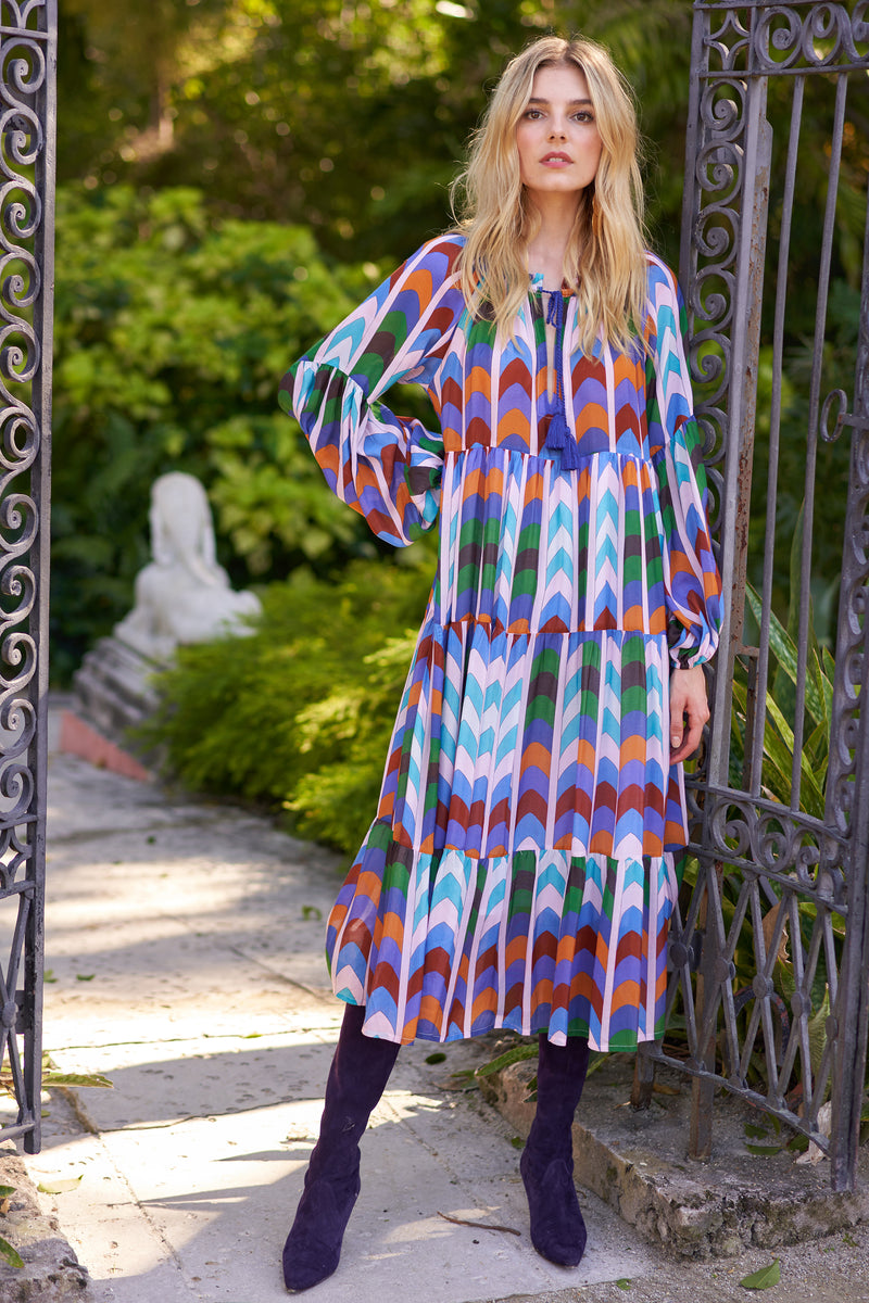 Balloon Sleeve Midi Dress- Milano Blue