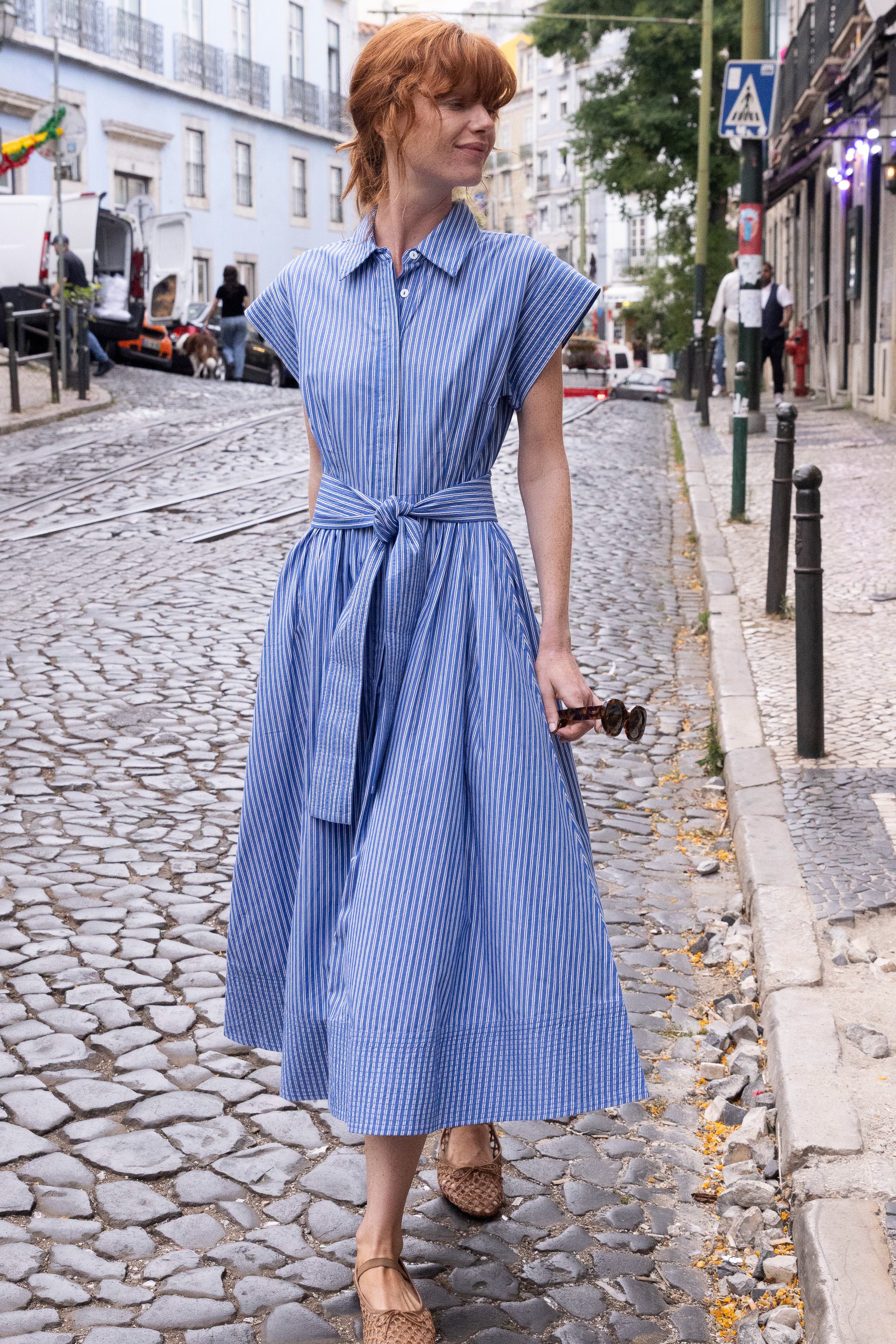 Belted Shirt Dress- Devon Blue