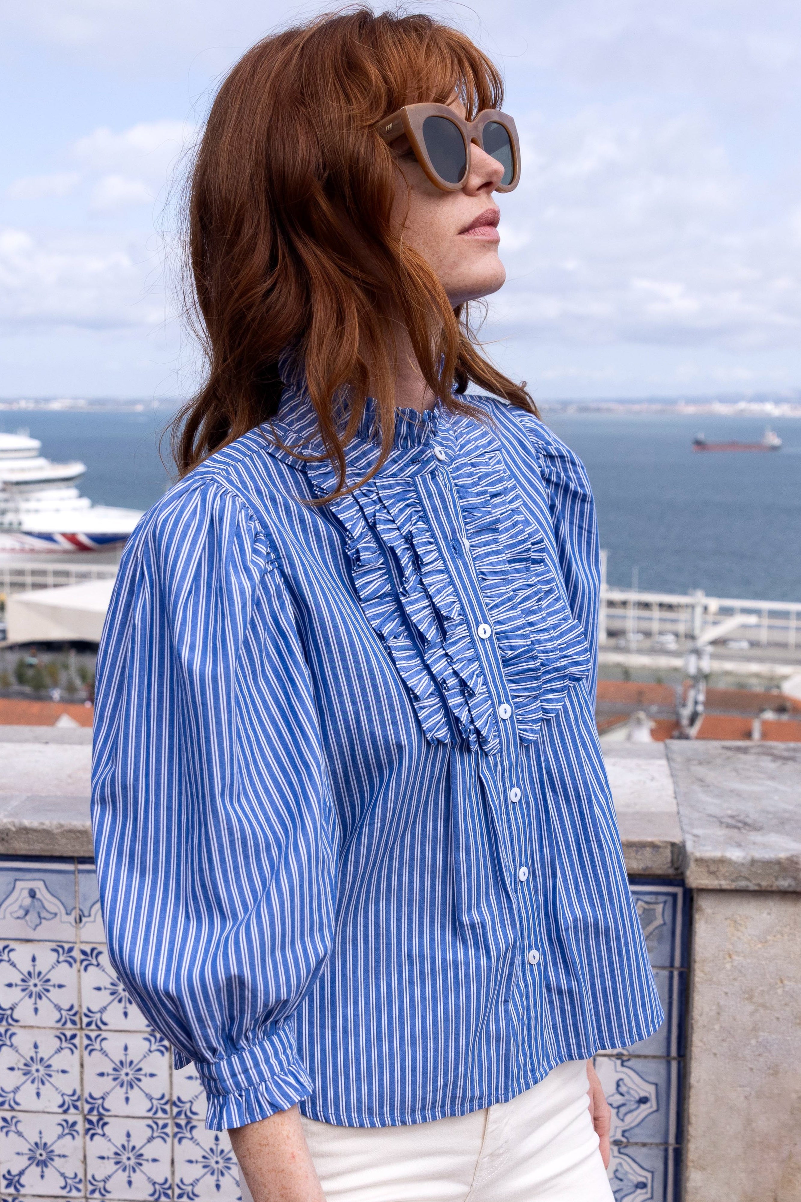 Ruffle Front Button Blouse- Devon Blue