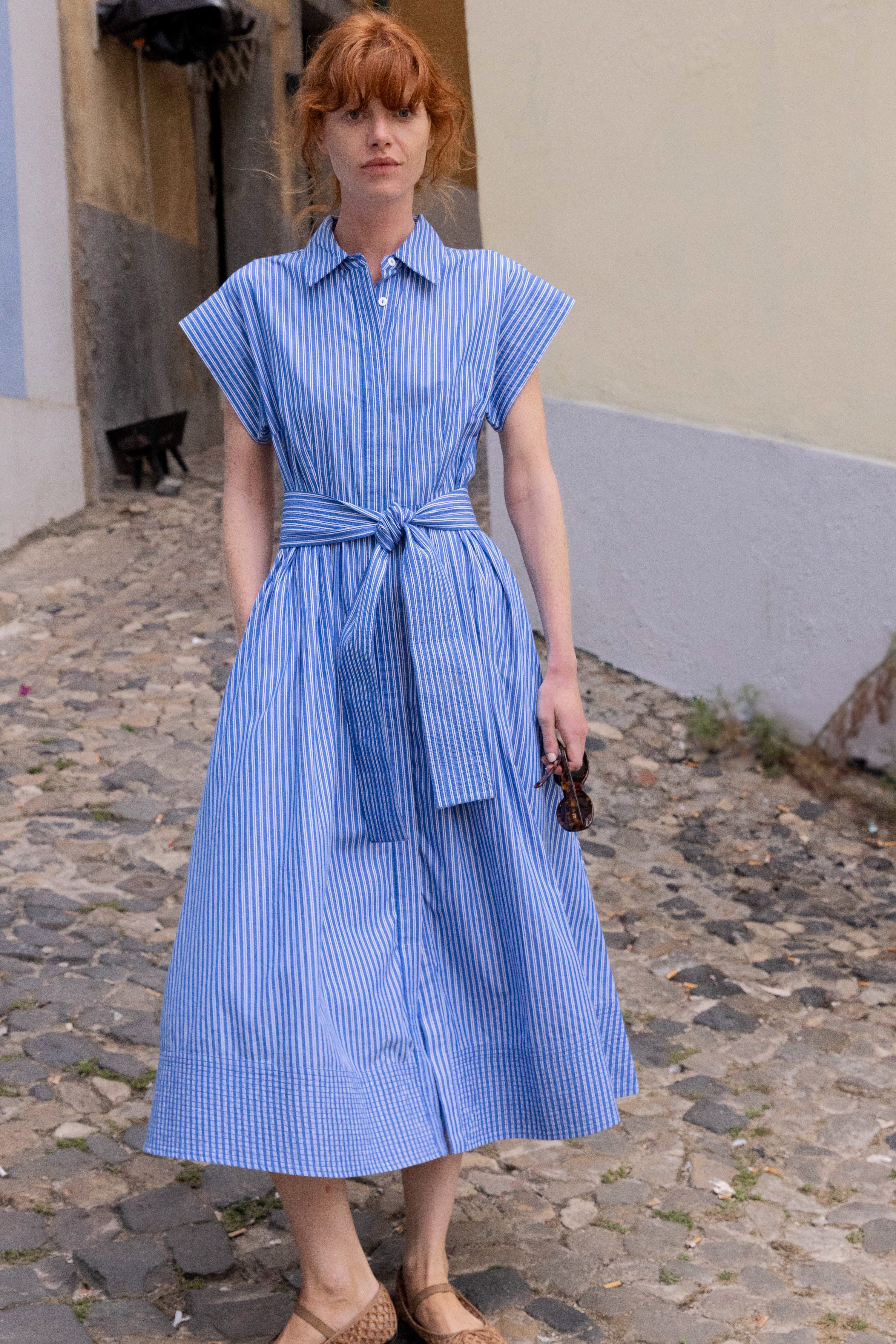 Belted Shirt Dress- Devon Blue