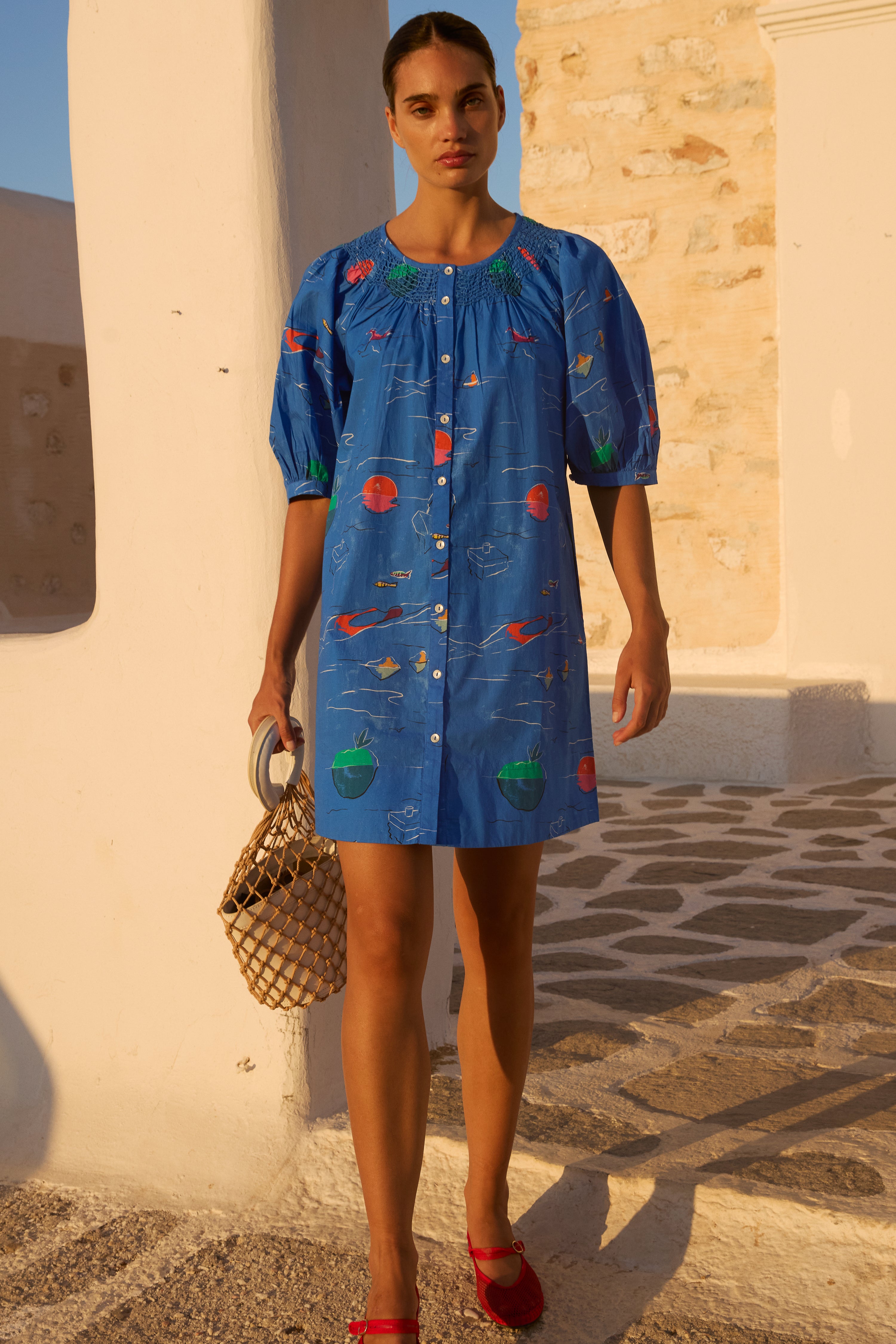 Embroidered Button Mini- Dip Blue