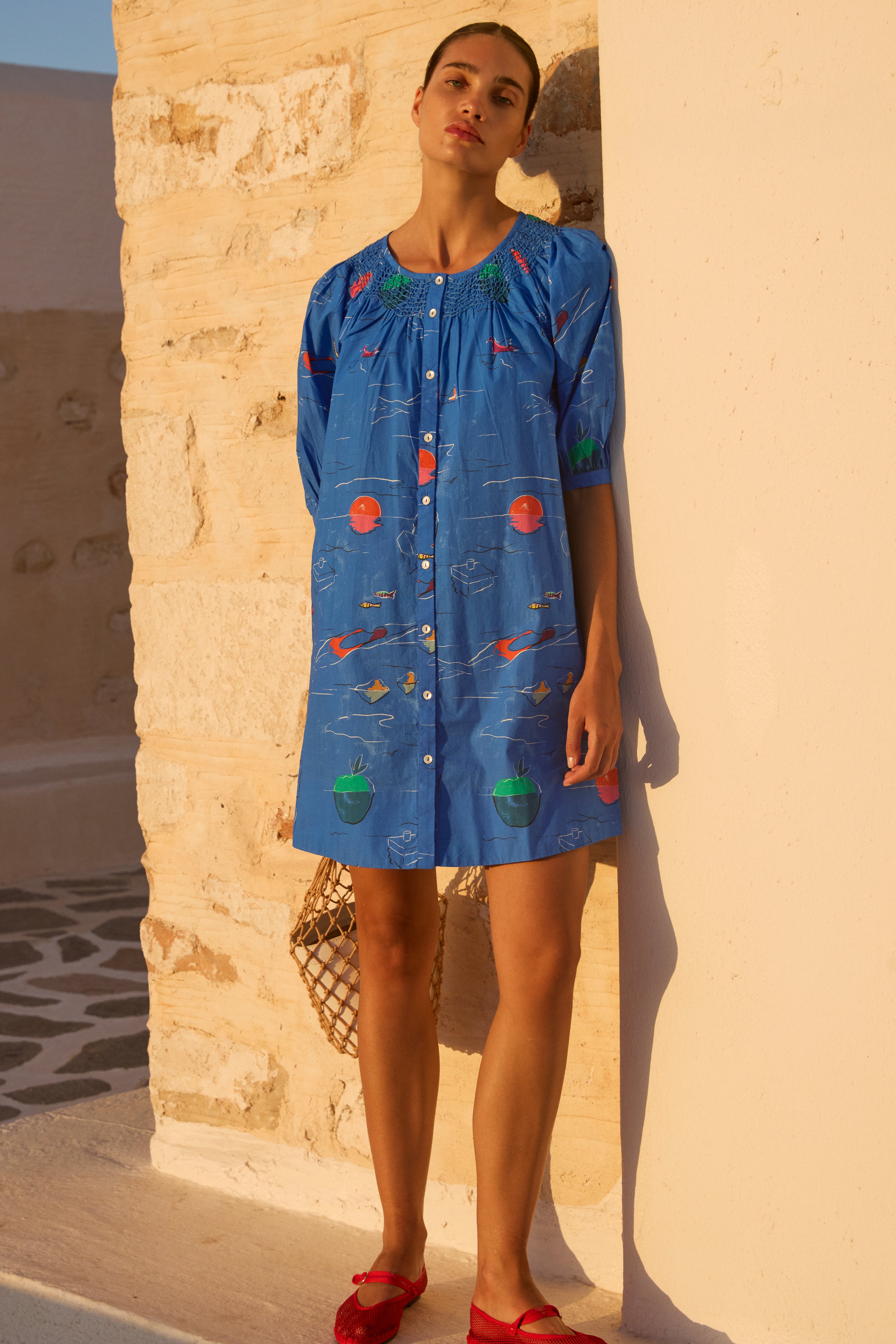 Embroidered Button Mini- Dip Blue