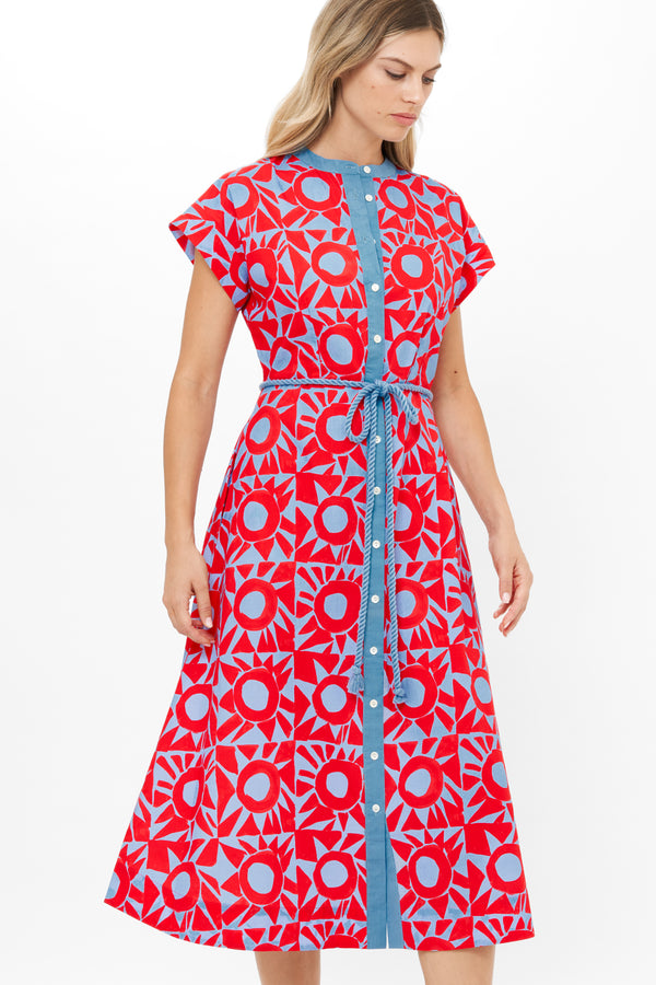 Cap Sleeve Shirt Dress Midi- Eclipse Red
